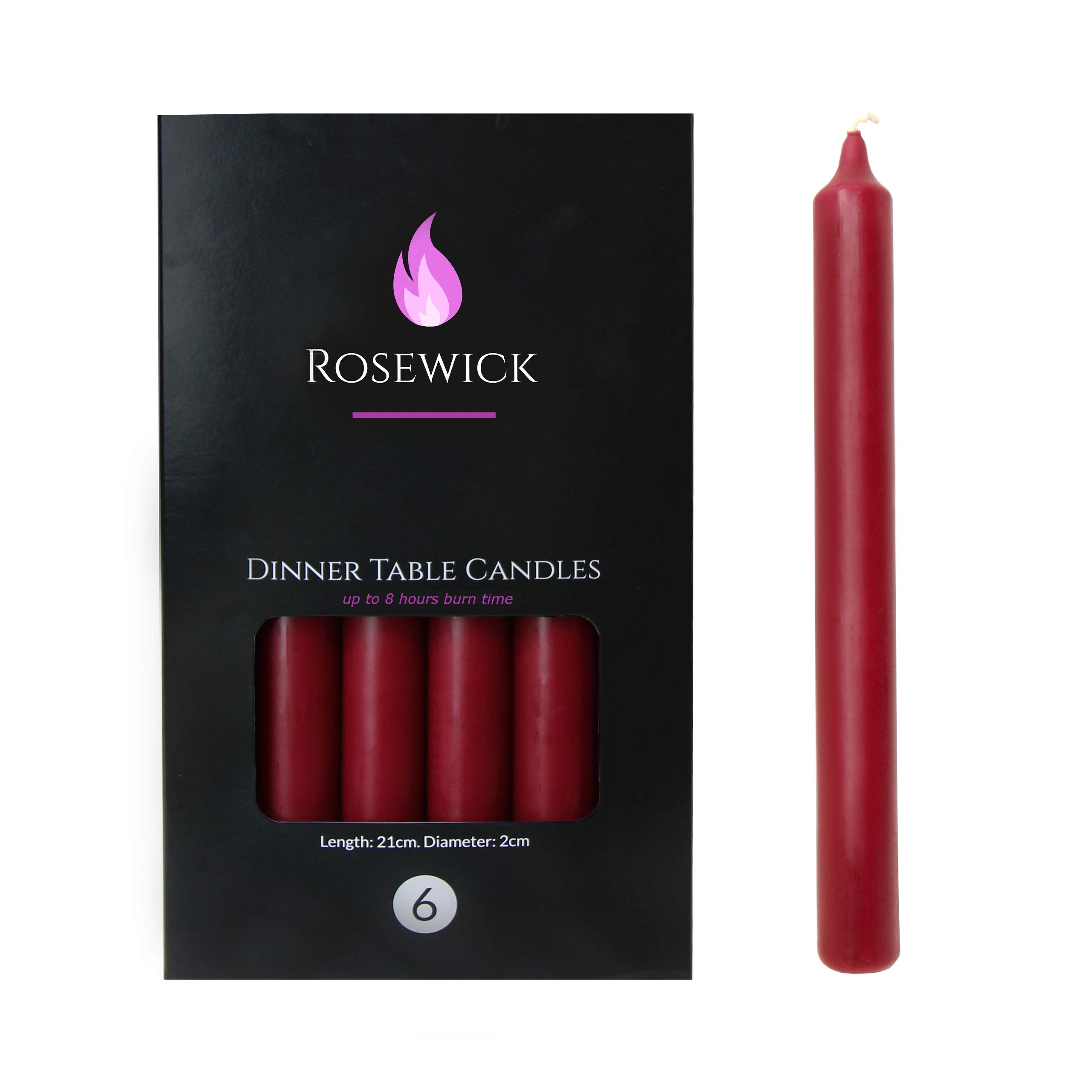 Rosewick Set of 6 Dinner Table Candles - 21cm High x 2cm Diameter (Bordeaux)