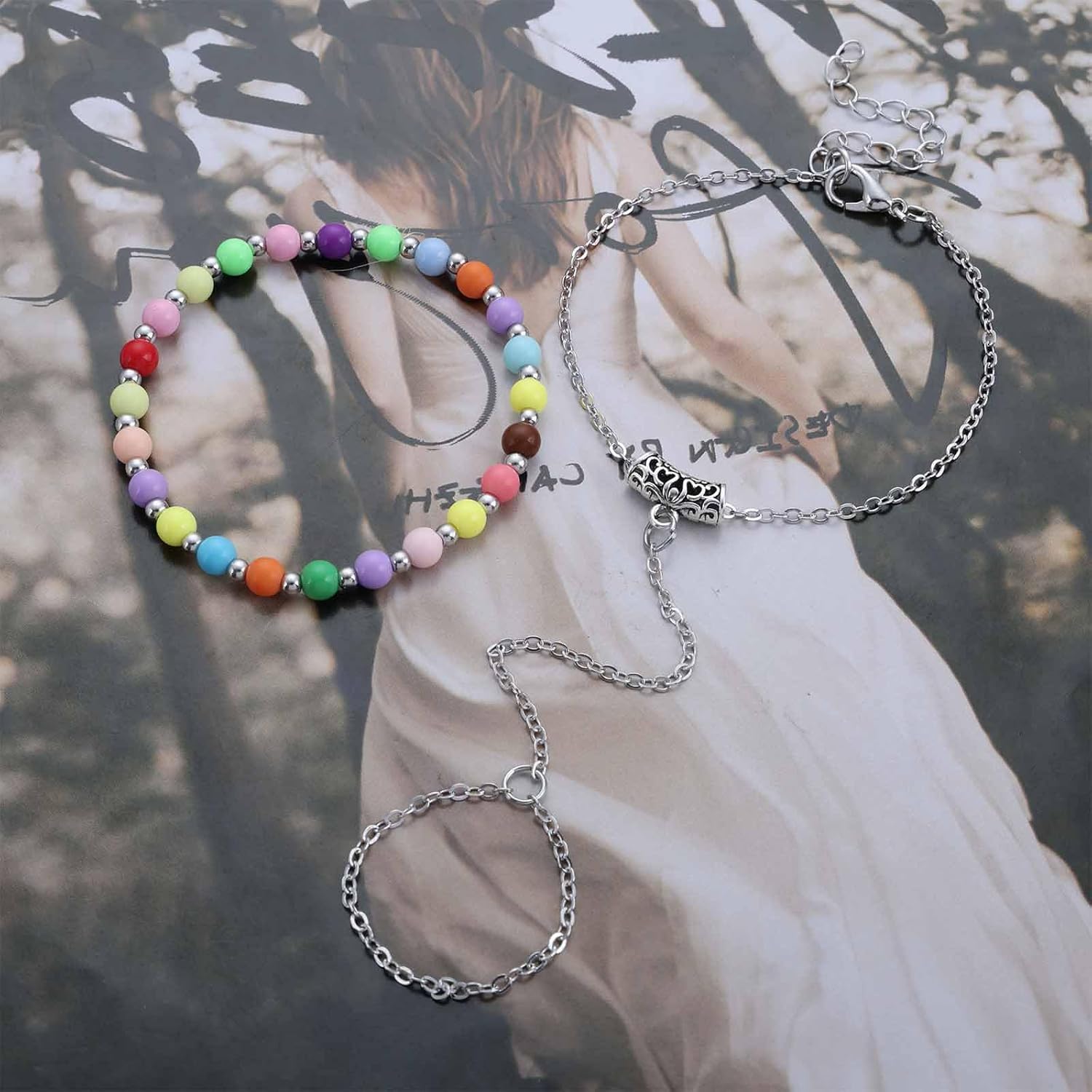 Andelaisi Boho Rainbow Bead Finger Ring Bracelet Vintage Beads Slave Chain Hand Bracelet Colorful Beaded Hand Harness Chain Bracelet Adjustable Slave Chain Bracelet Jewelry for Women - Image 6