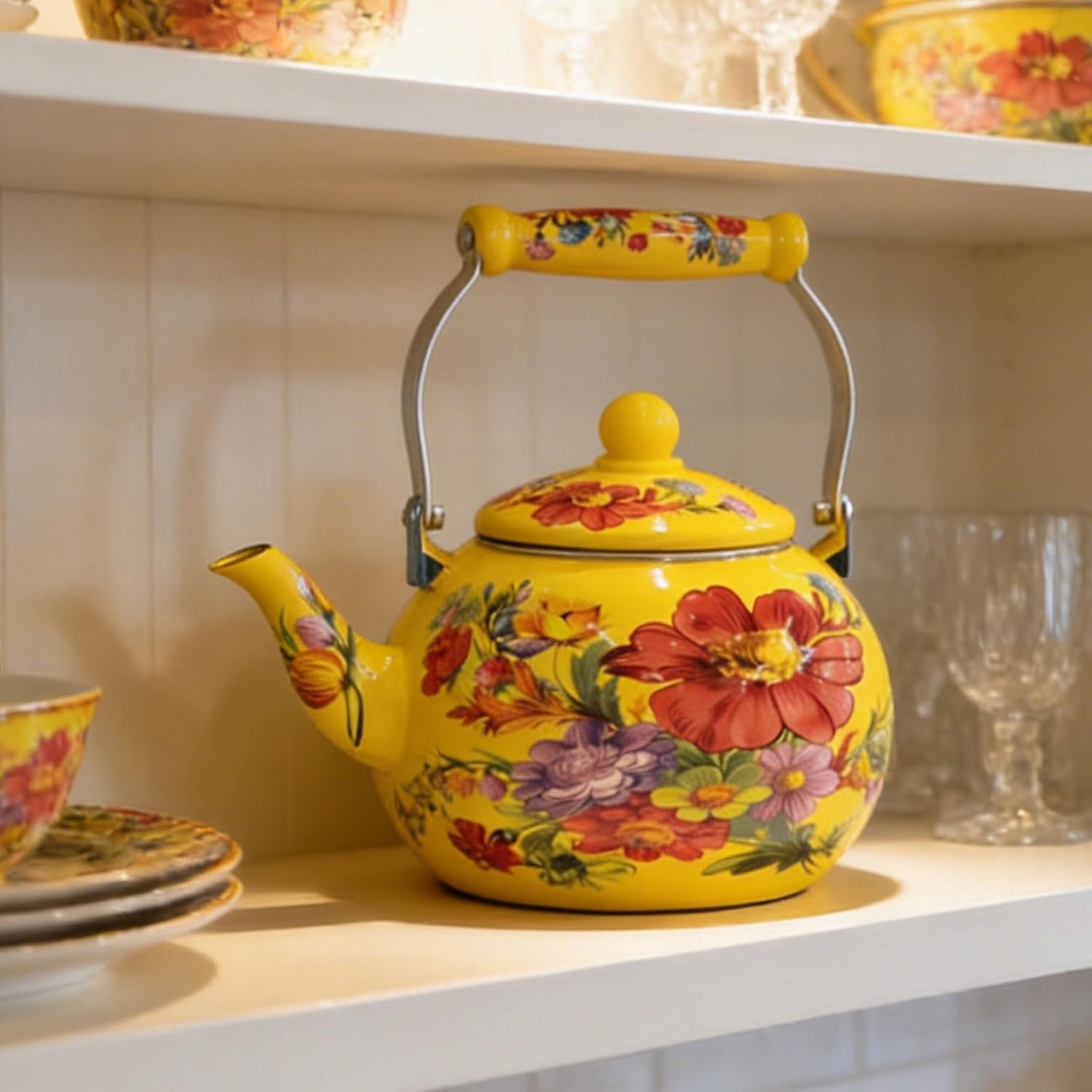 Vintage Flower Enamel Teapot for Stovetop with Infuser, Yellow 2.6 Quart Tea Pot Stovetop, Tea Kettle Universal Base for Induction | Gas | Electric | Halogen |