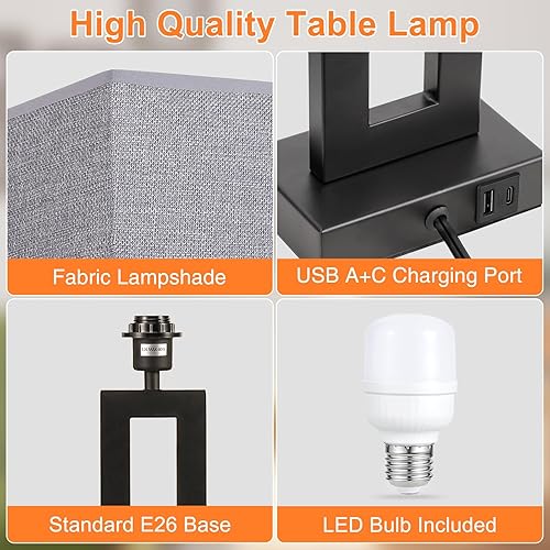 Miniatura 5 de Lámparas modernas de 22 pulgadas de alto para sala de estar, lámparas táctiles para mesa de luz con USB C + A, regulables con 3 niveles, para mesas