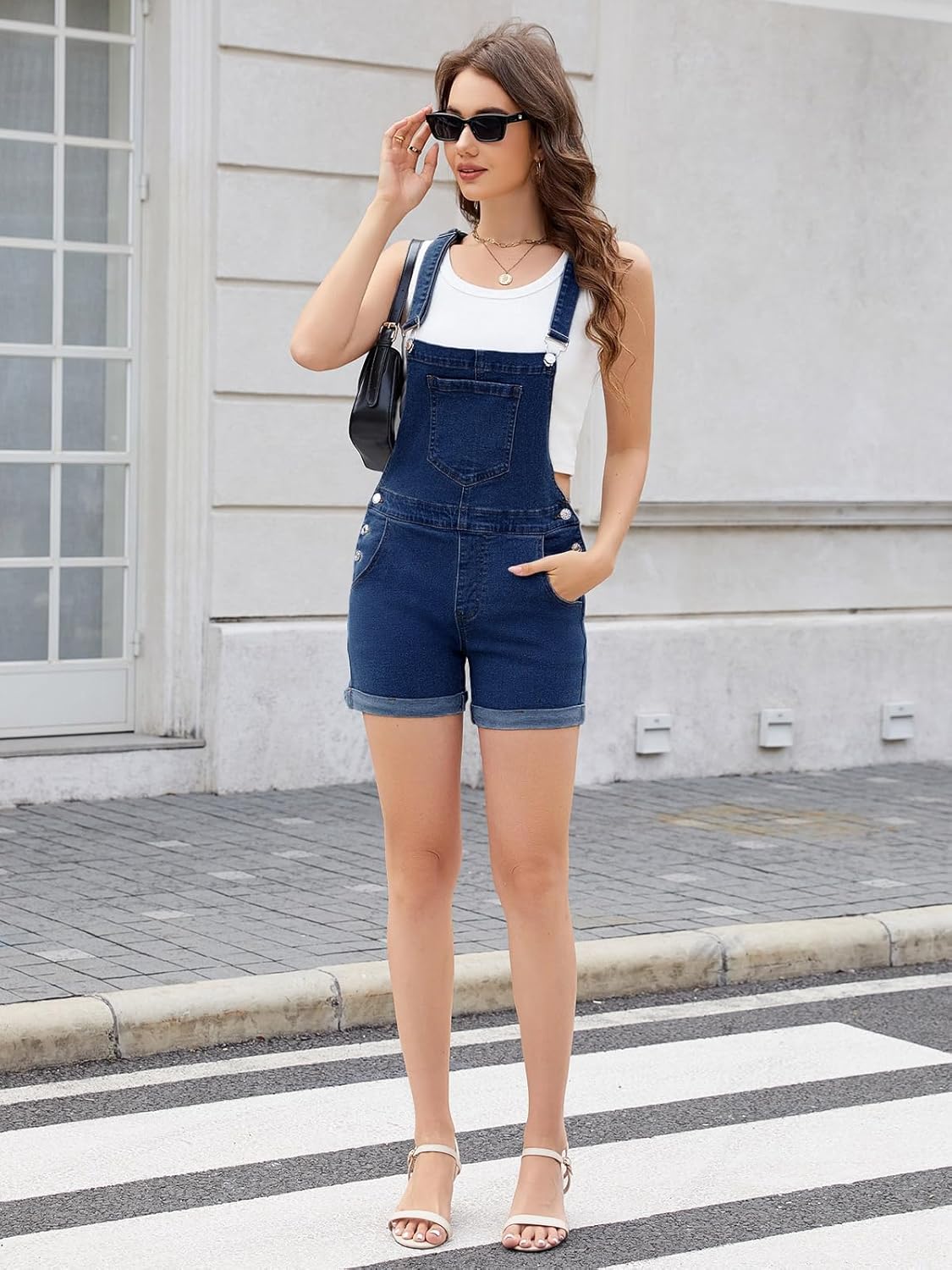 LONGYIDA Women's Shorts Denim Overalls Adjustable Strap Cuffed Hem Casual Shortalls - Image 3