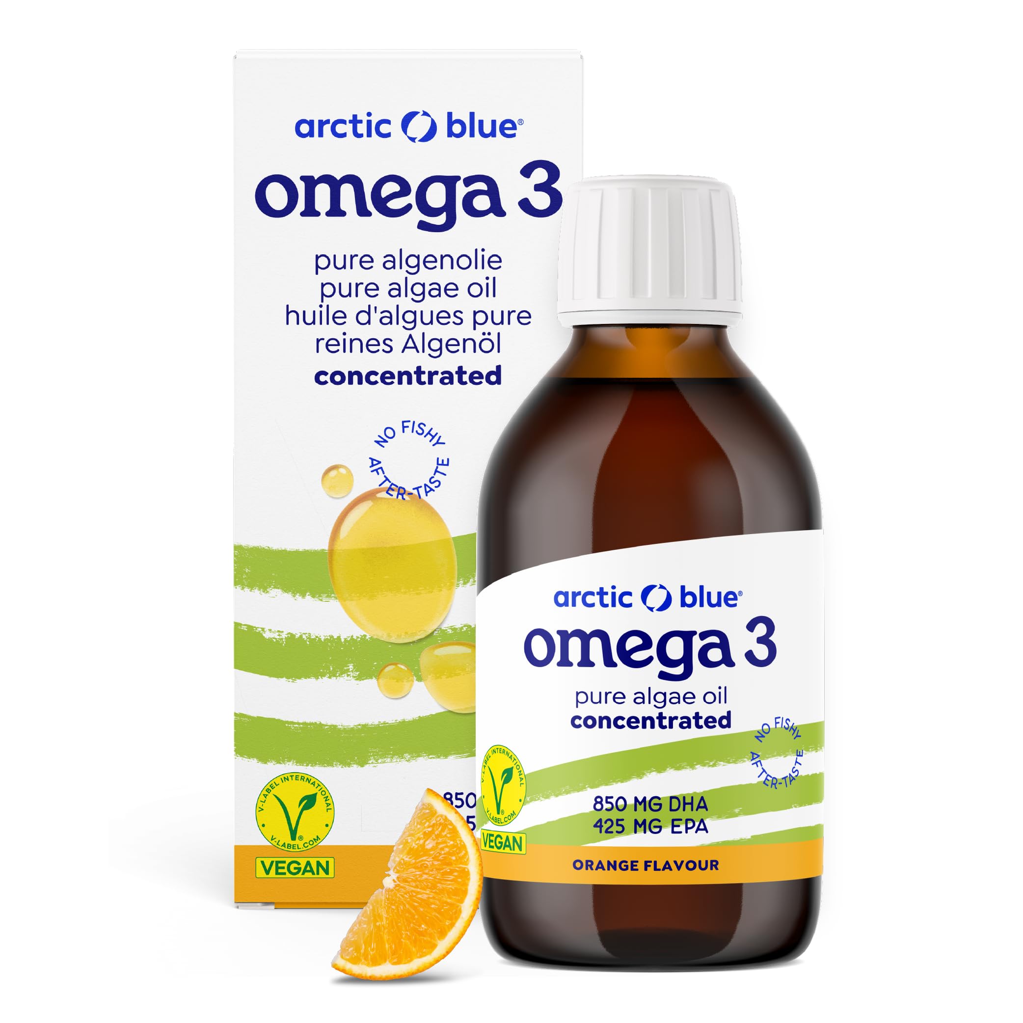 Arctic Blue Premium Omega 3 veganes Algenöl 150 ml – 850 mg DHA & 425 mg EPA pro Portion – hochdosiert, vegan & flüssig – Orangengeschmack – nachhaltig produziert