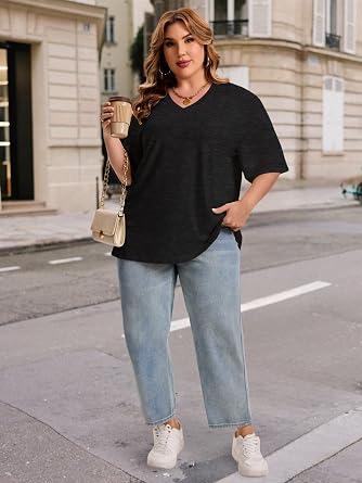 Womens Plus Size Oversized Tshirts Graphic V Neck Short Sleeve Summer Tops