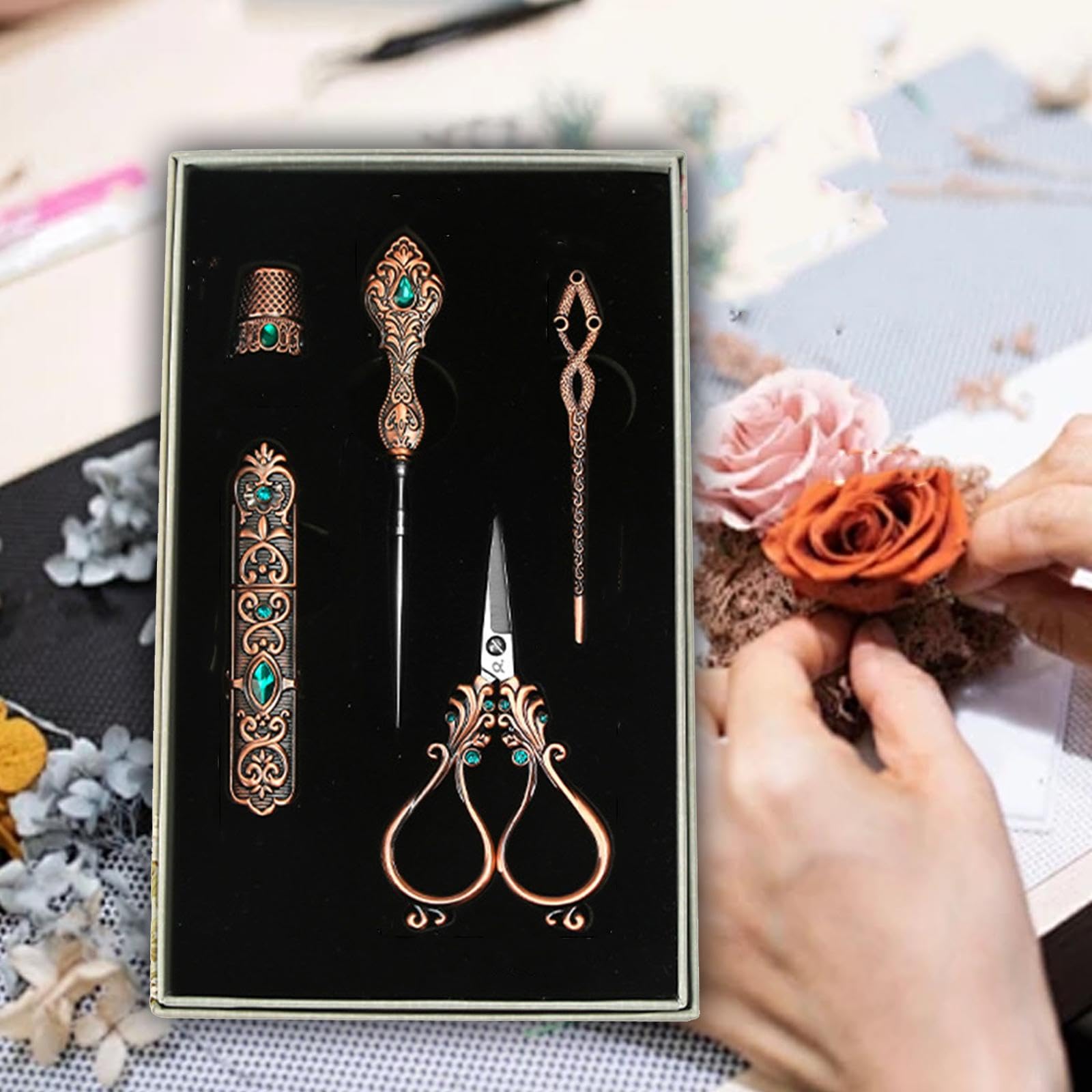 Stickerei Schere Set Nähset Stickwerkzeug Pin Nadelröhrchen Fingerhut Ergonomisch Benutzerfreundlich Klassischer Stil für Heimwerken Basteln Geschenk, Rotbronze