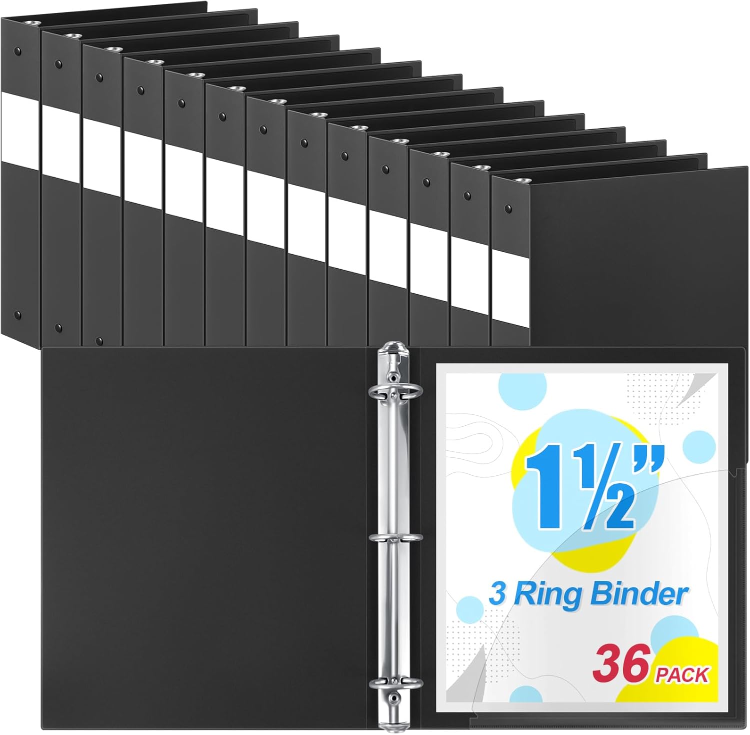 henoyso 36 pcs 3 ring binder 1.5 inch plastic flexible round binder fits letter size 8.5 x 11 inch paper holds 300 sheets with 1 pockets for office school (black) 36 black