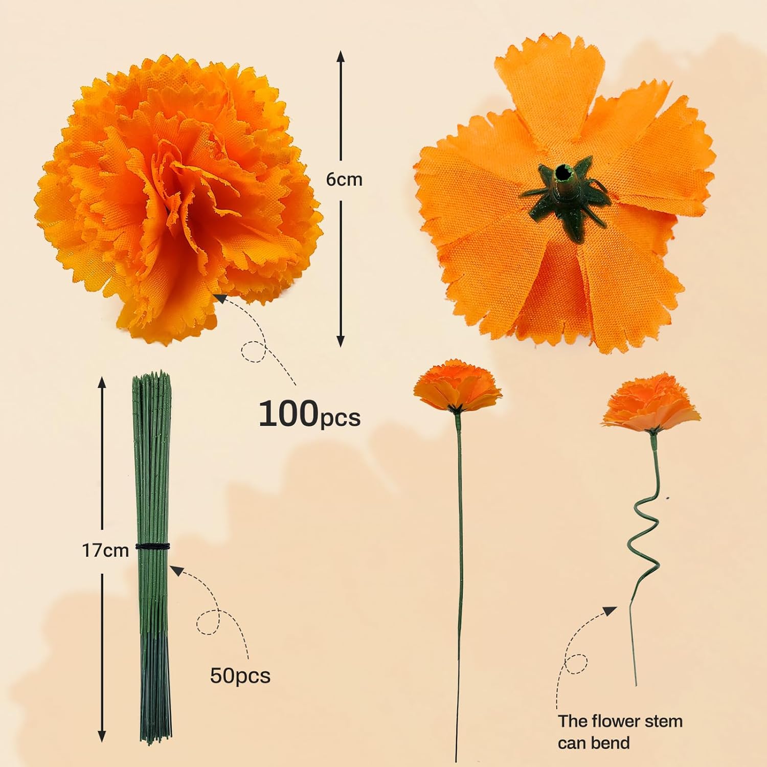 Beau Jour 100 Pcs Marigold Flowers Heads with Floral Stems, Silk Orange Artificial Flowers for Diwali Day of The Dead DIY Marigold Garland Wreath Decor (100) - Image 2