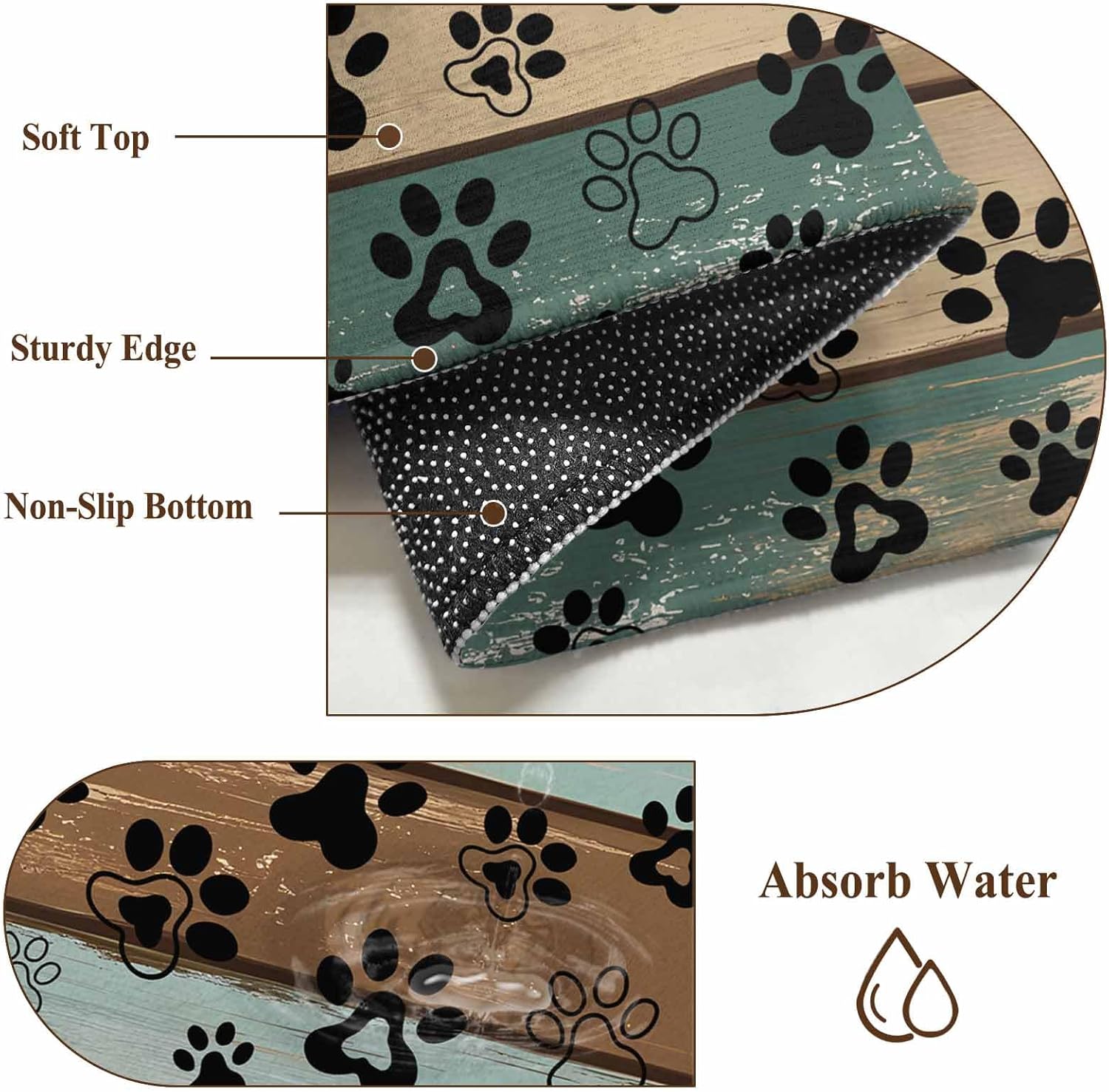 Black Paw Print Kitchen Runner Rug 2x6 Washable Runners for Hallway Non Slip Farmhouse Vintage Shabby Wood Grain Large Area Rug Indoor Floor Carpet for Bathroom Laundry Entryway Bedroom Living Room