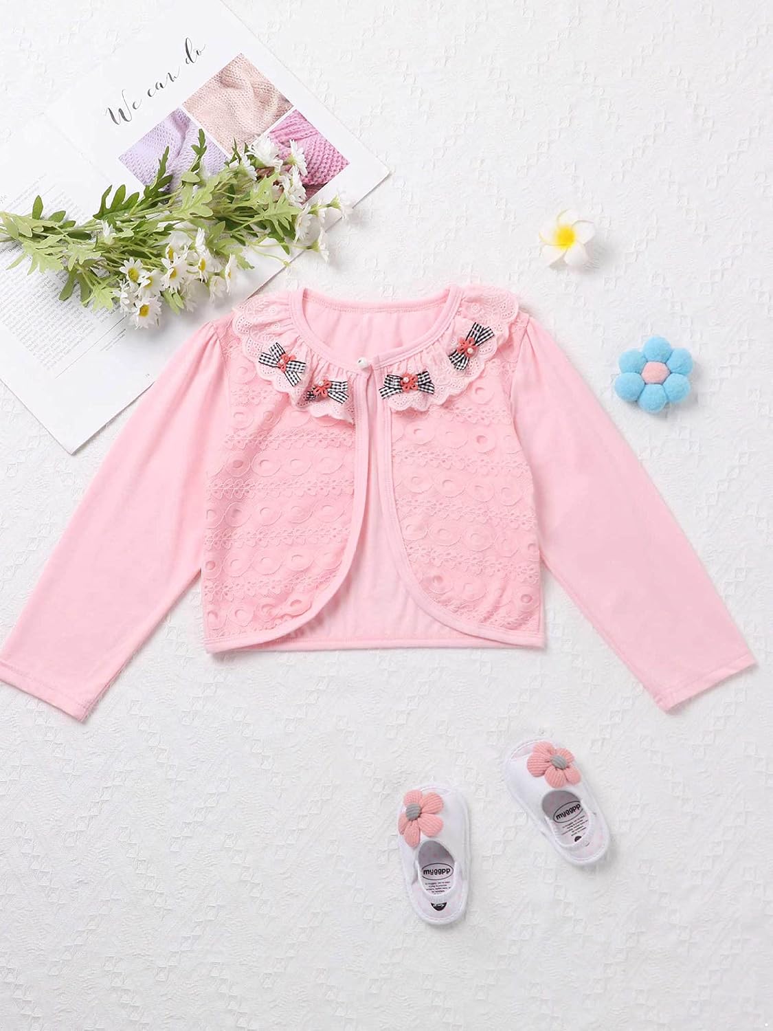 Girls Solid Color Shrugs Lace Flower One Button Closure Bolero Long Sleeve Cardigan Party Dress Cover Up
