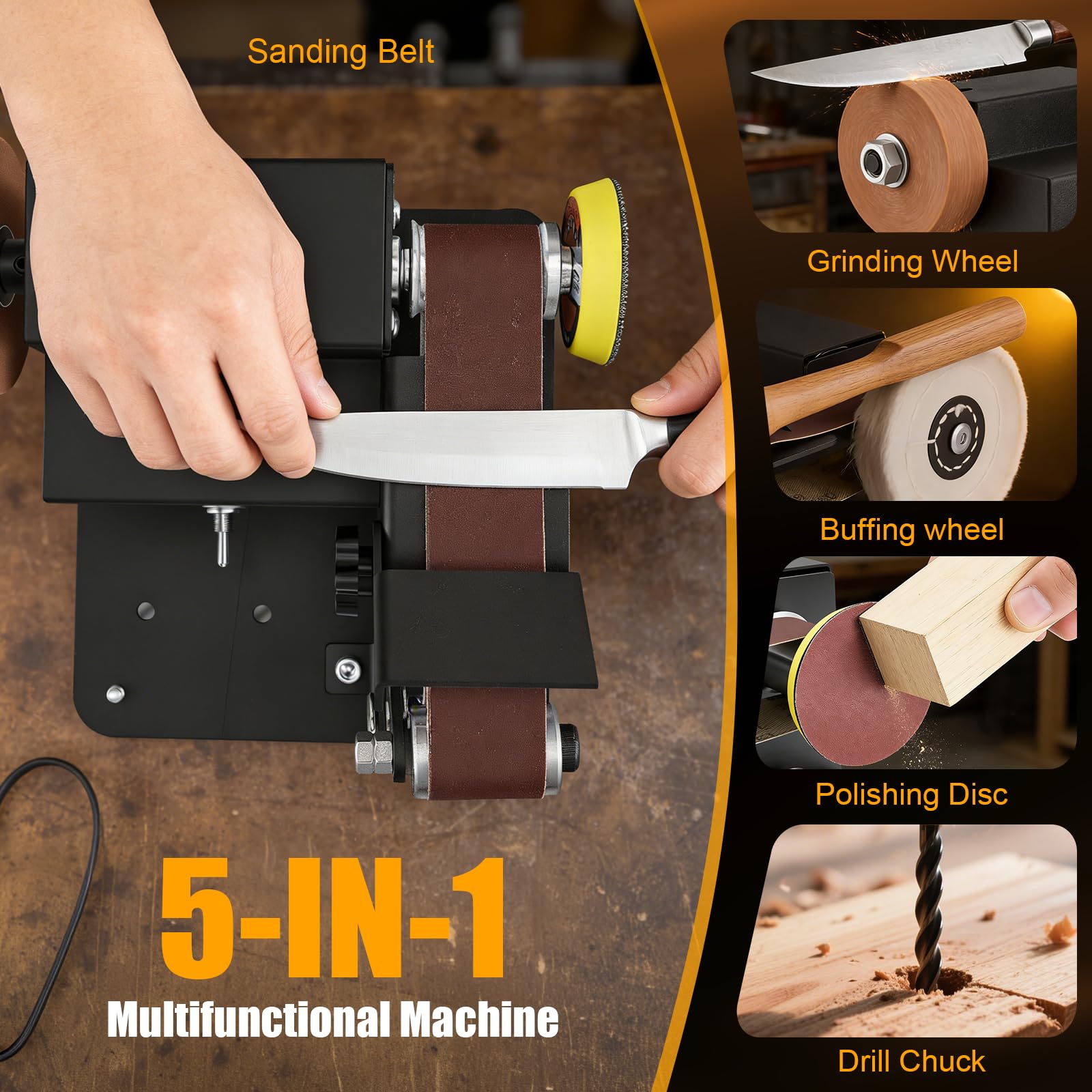 Mini Bandschleifer, Elektrischer Bandschleifer, 7-stufig Verstellbarer Polierer, Schleifmaschine mit 20pcs Schleifbänder 20pcs Schleifpapier, Messerschärfer mit Schleifscheibe Polierscheibe Bohrfutter