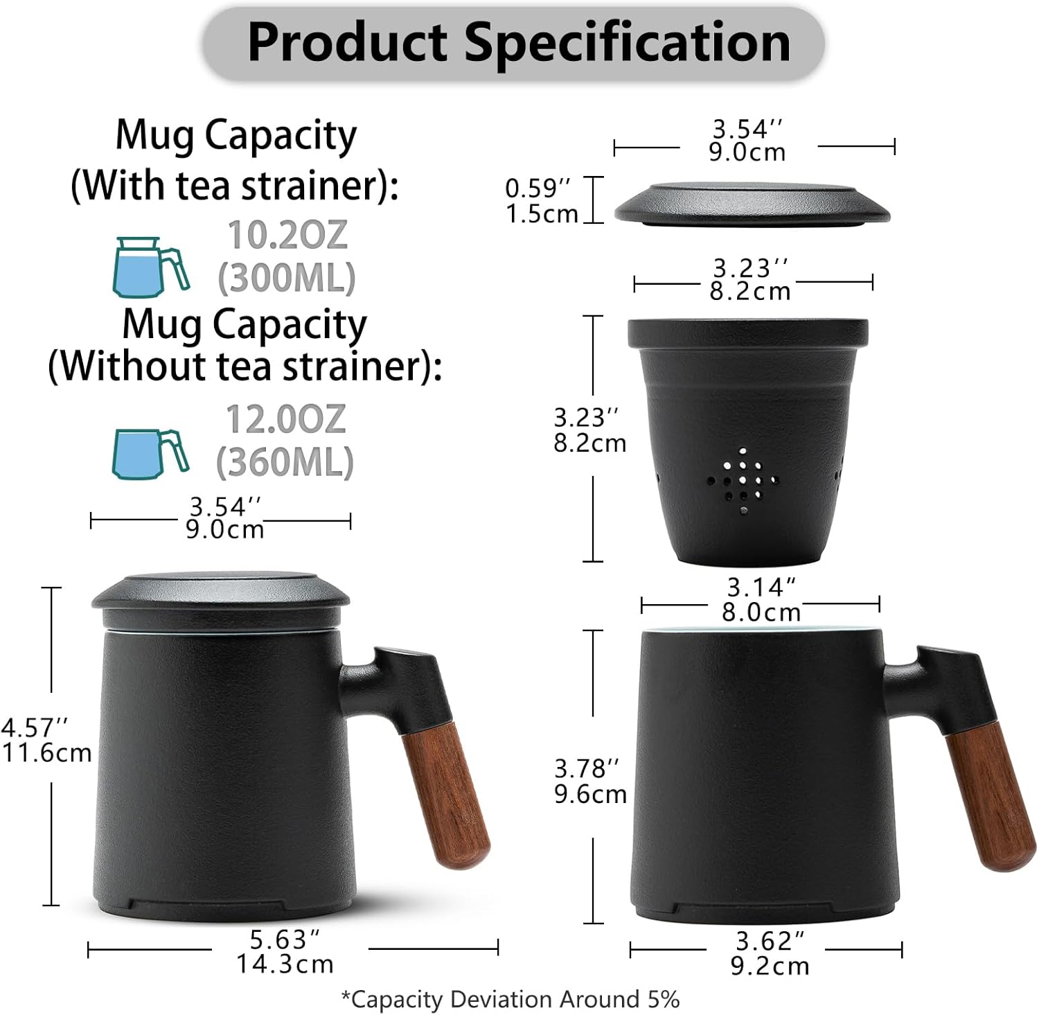 ZENS Tea Cup with Infuser and Lid for Loose Leaf Tea Steeper, 12oz Black Ceramic Tea Mug with Wood Handle for Tea Lovers Gifts - Image 5