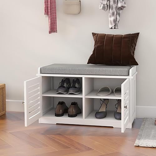 Miniatura 3 de RASOO Banco de almacenamiento de zapatos blanco con 2 puertas y cojín de asiento acolchado en color gris, zapatero con organizador de zapatos