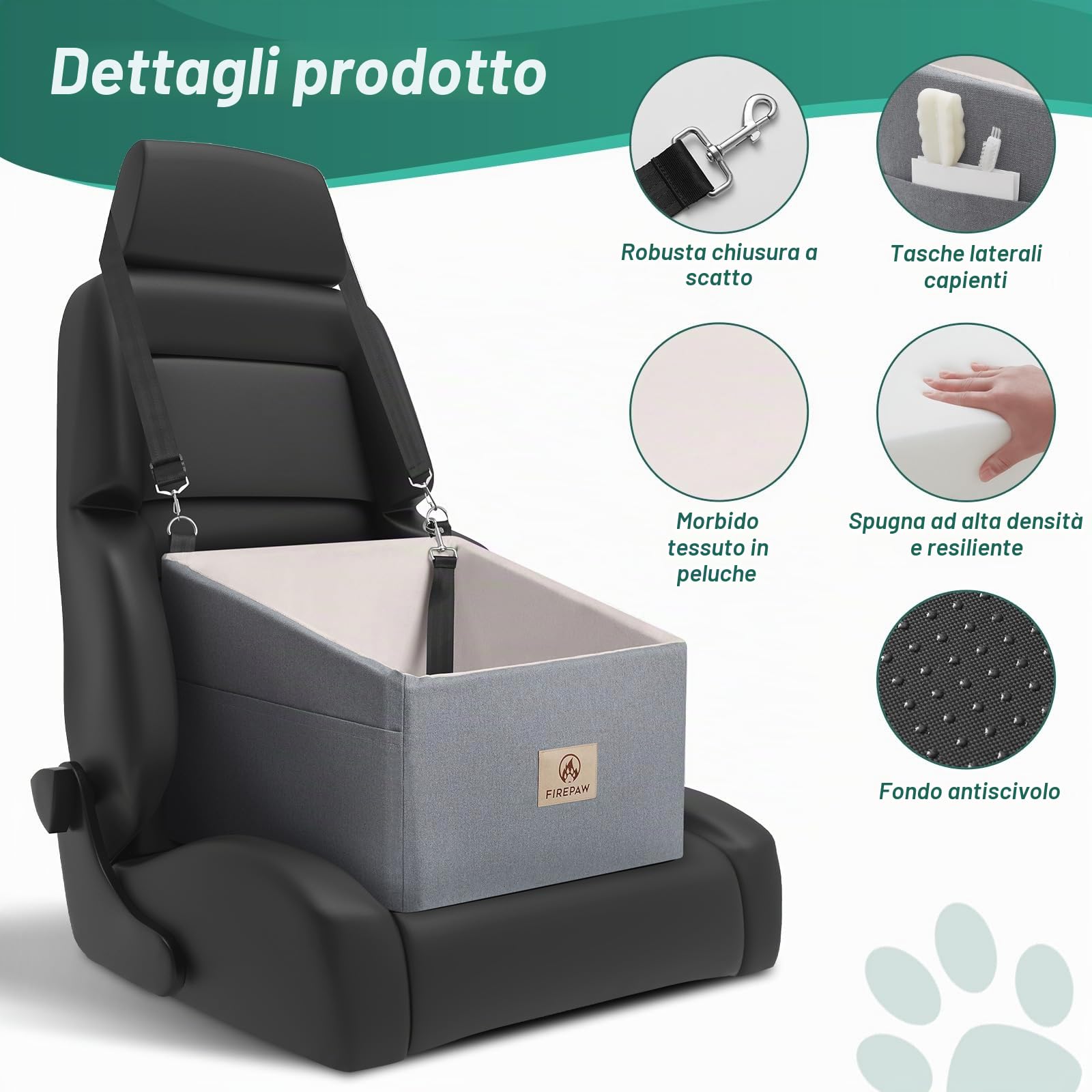 Seggiolino auto per cani fino a 15 kg, seggiolino rimovibile e lavabile con cinture di sicurezza, grigio Seggiolino auto per animali domestici rialzato, Car Dog Seat (Medium,Grey