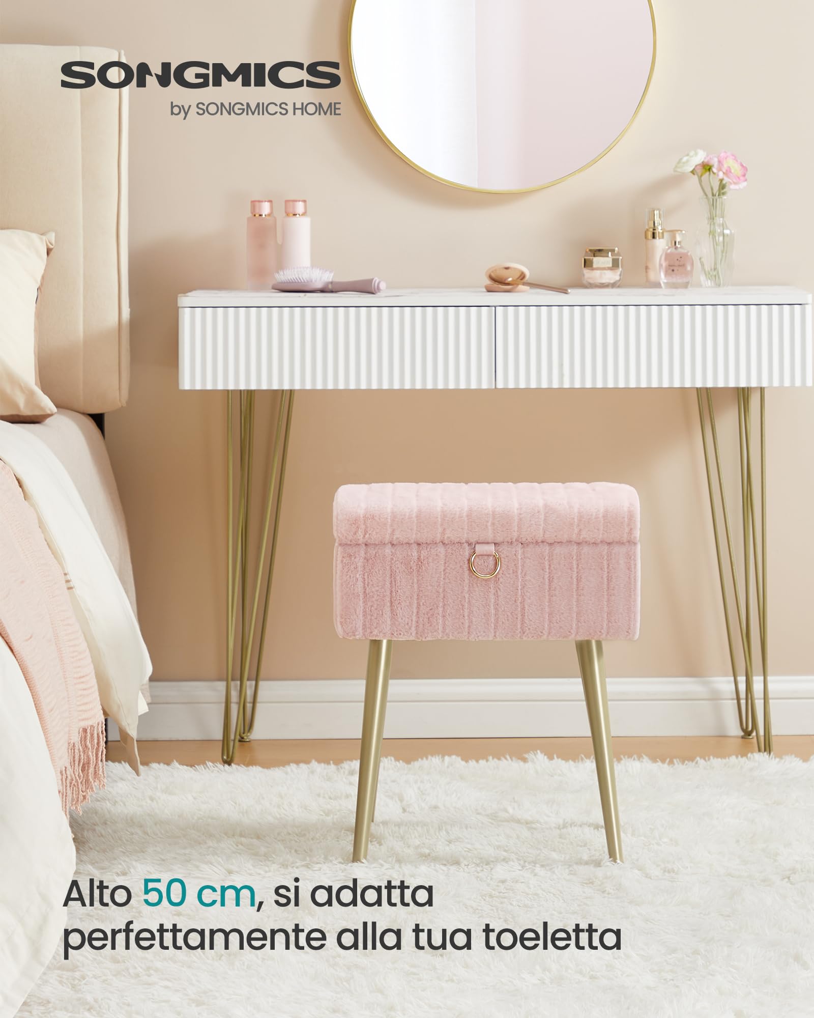 SONGMICS Sgabello da Trucco, Pouf Contenitore, Poggiapiedi, Gambe in Metallo, Imbottito, Piedini Regolabili, Soggiorno Camera da letto Cabina Armadio, Rosa Pastello LOM505SZ02