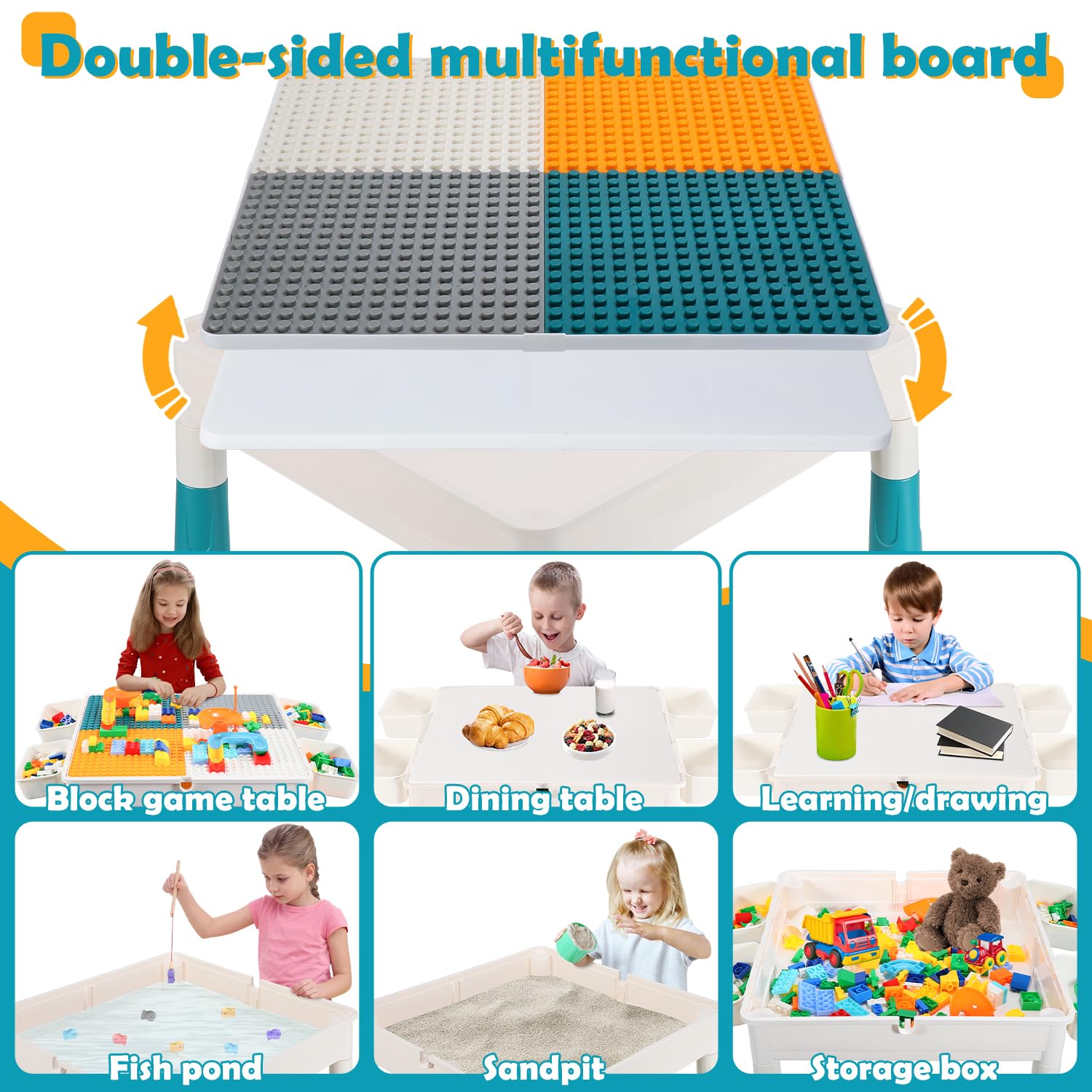Izrielar 7 in 1 Tavolino per Bambini con 2 sedie Tavolo da gioco con 251 blocchi da costruzione, Tavolo e Sedie per Bambini, Tavolo Multi-attività per Bambini