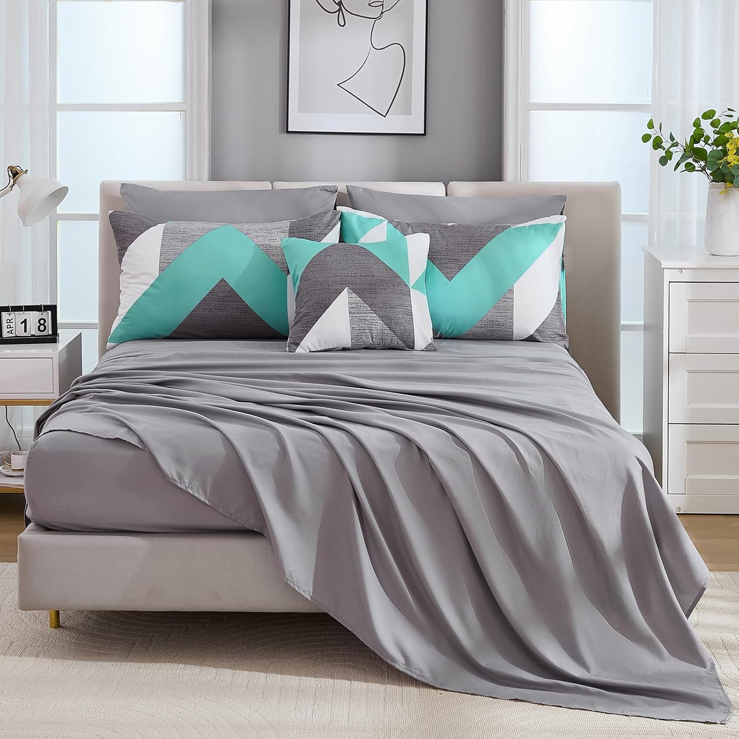 Bedbay Teal Grey Queen Comforter Set with Sheets 8 Pcs Queen Bed in a Bag Modern Geometric Chevron Print Luxury Western Bedding 1 Comforter 4 Pillowcases 1 Flat Sheet 1 Fitted Sheet 1 Cushion Cover - Image 7