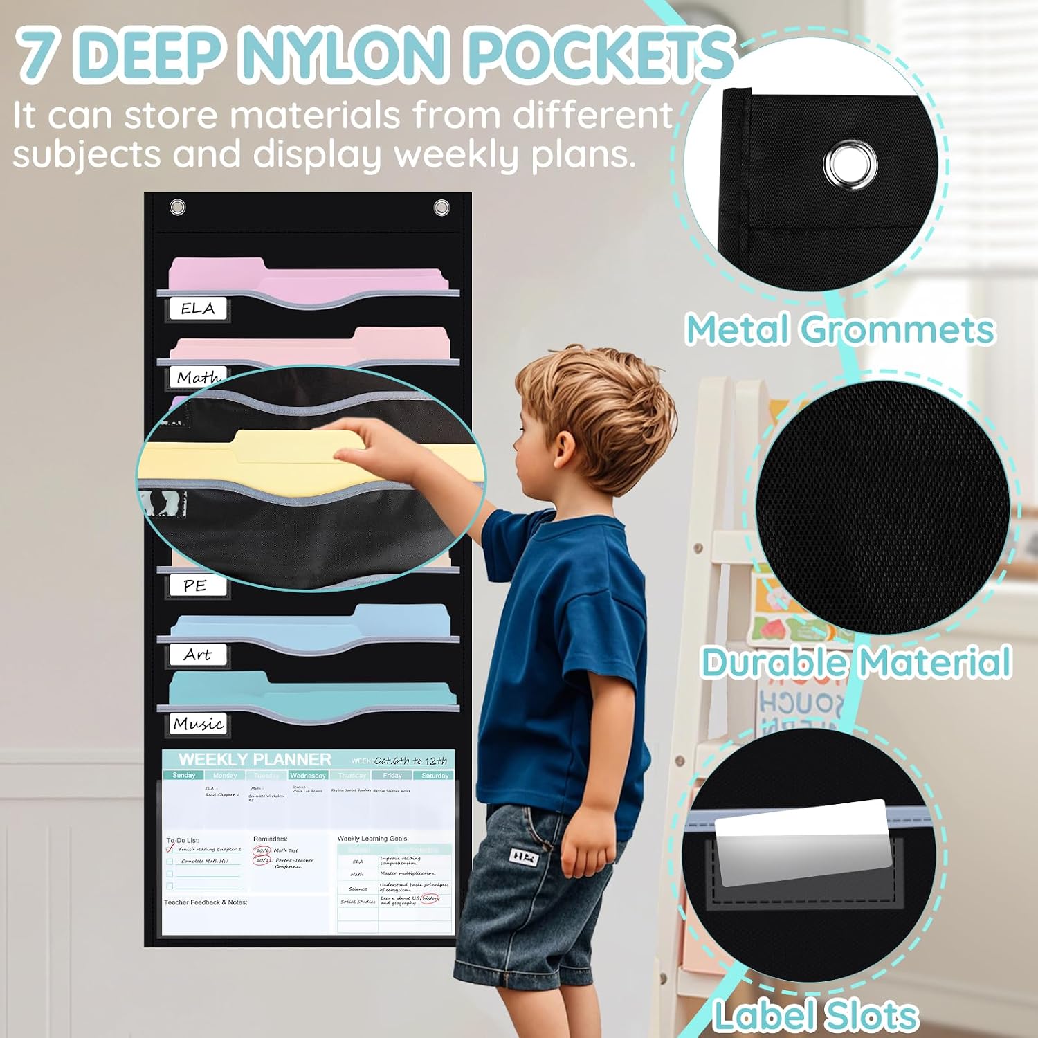 ALSLEA 8 Pockets Hanging Wall File Organizer 15" Extra Wide Pocket Chart for Classroom, Office, Home, Mail Organizer Wall Mounted with 1 Writable Clear Pocket, 5 Wall/ Door Hooks & 12 Labels (Black) image 3