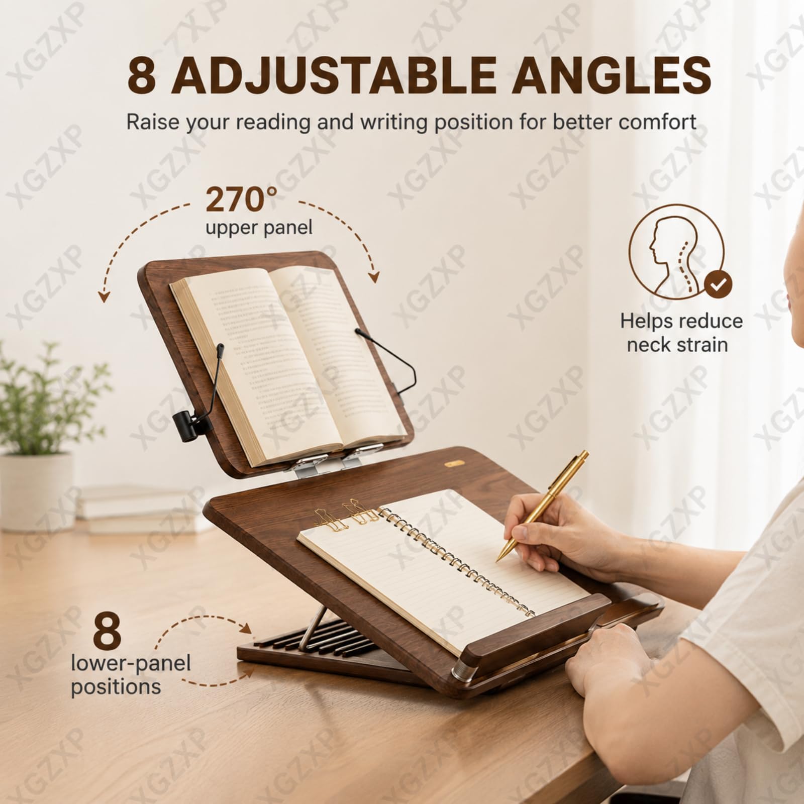 Soporte De Escritura Plegable con Inclinación Ajustable, Atril para Libros, Superficie De Escritura Superior Ajustable A 270° E Inferior De 8 Niveles con Pinzas para Right