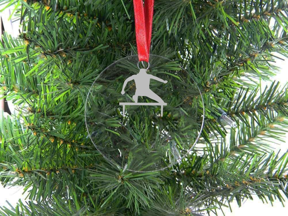 Personalisierte Custom Hürdenläufers, Hürden, Track Acryl klar zum Aufhängen Weihnachtsbaum Ornament mit Rot Ribbon Perfect Urlaub Geschenk macht. Verkäufer kontaktieren für Custom Text oder verlassen, ein Geschenk macht Nachricht Kasse.