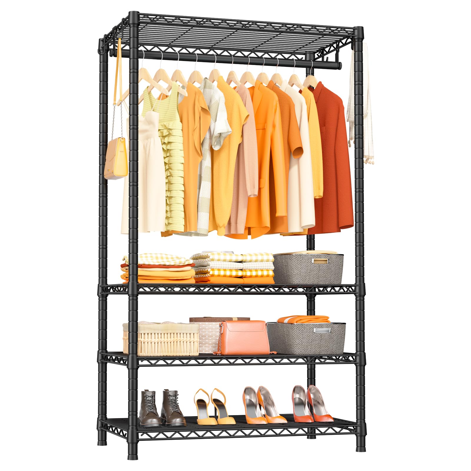 Ulif H4 Portable Closets, 4-Tier Metal Clothes Garment Rack for Bedroom and Cloakroom, Clothing Closet Storage and Organizer Wardrobe, 35.4" W x 14" D x 76.4" H, Black