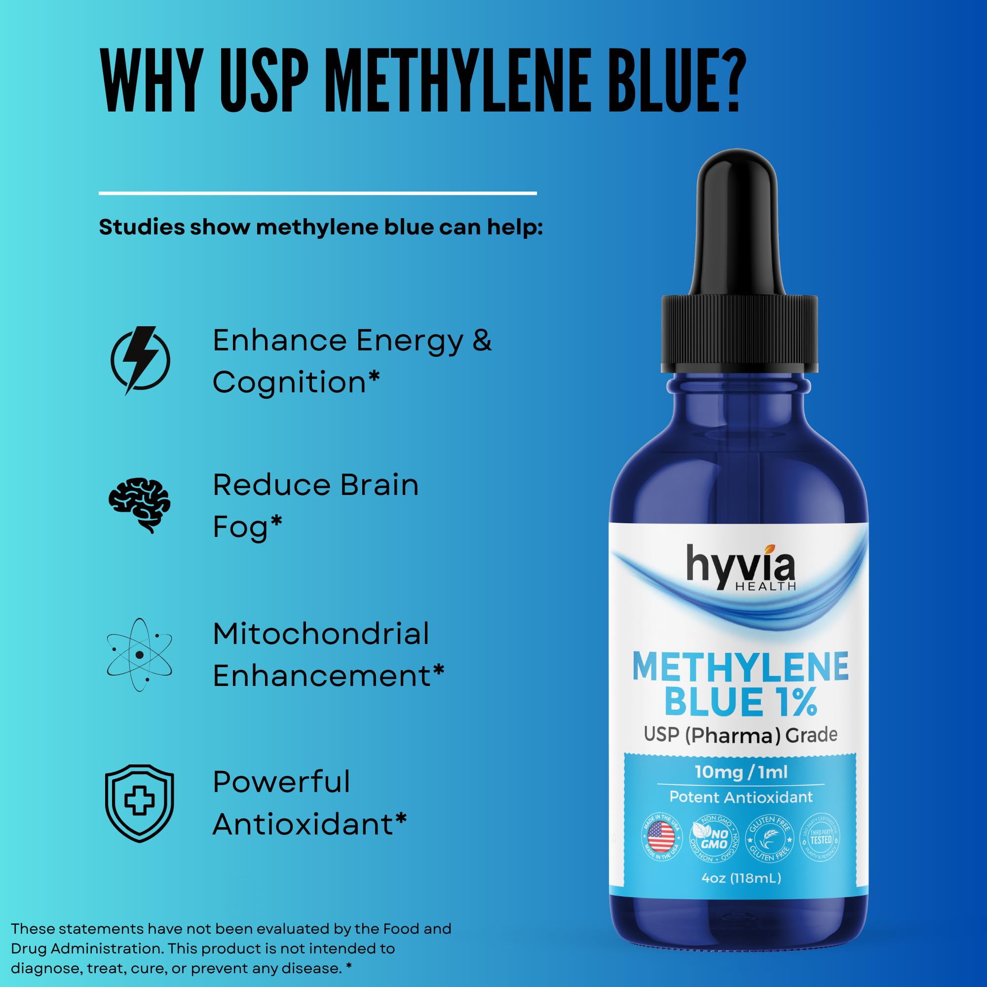 Methylene Blue 1% Value Size USP Pharmaceutical Grade for Humans - 99.99% Purity - Third-Party Tested, ISO-Certified, Formaldehyde & Alcohol Free Liquid Drops - 4fl oz (118mL) with Dropper