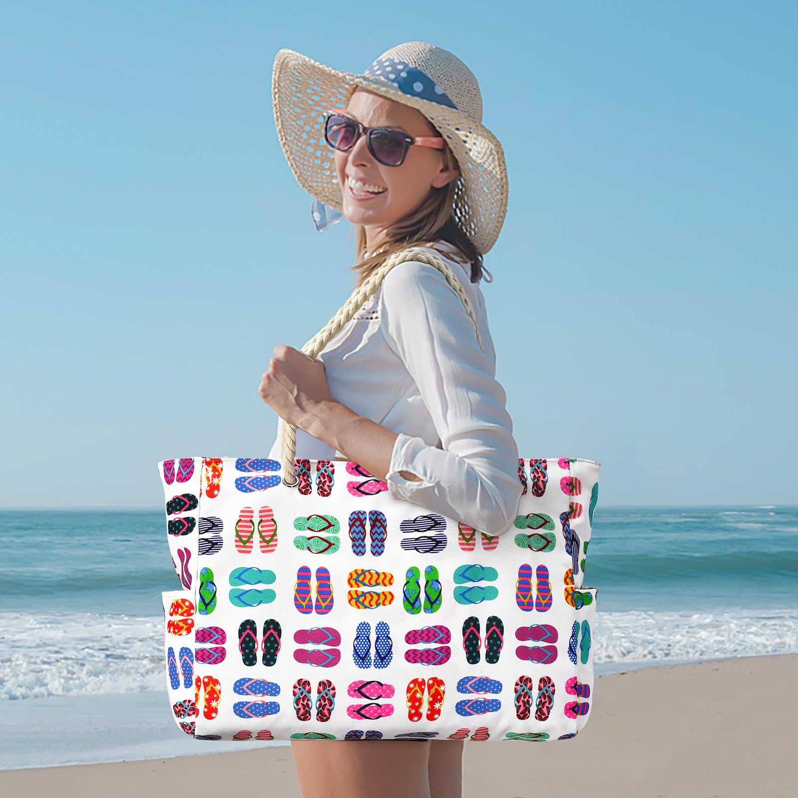 oscaurt Sac de plage à rayures - Sac de plage étanche - Grand sac de plage avec fermeture éclair - Sac de shopping pour femme - XXL - Famille - Sac de courses - Sac à bandoulière - Uni - Sac de voyage