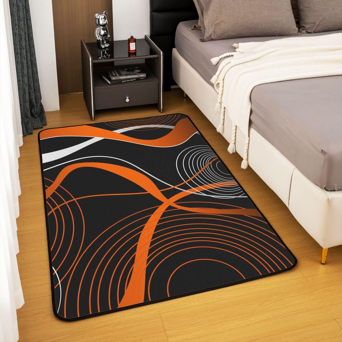 Erosebridal Geometric Area Rug 5x7, Stripe Line Rug for Men Women, Orange Black White Carpet for Living Room, Modern Art Swirl Waves Abstract Circle Retro Washable Accent Rug