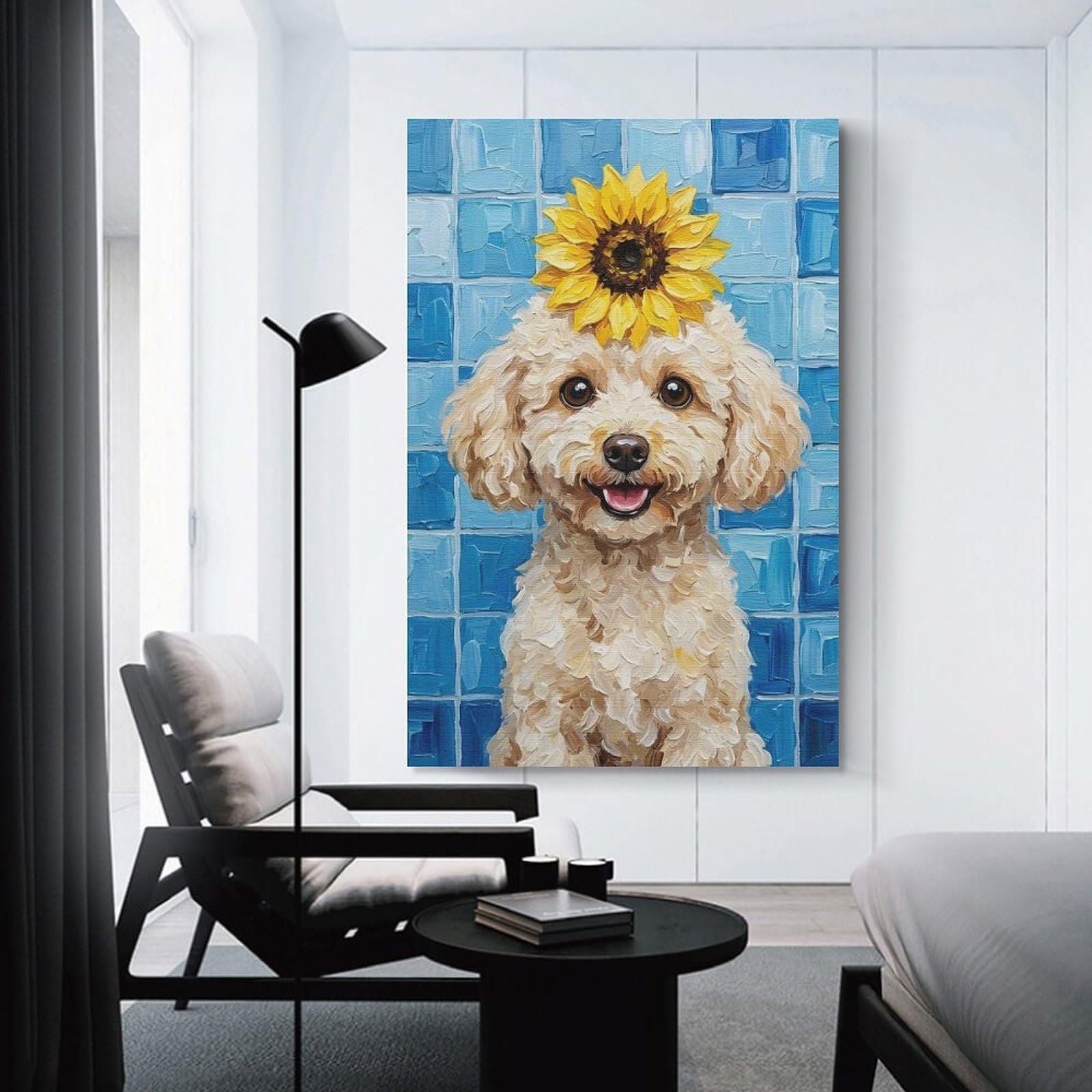 Junmoney Poodle with Sunflower Hat Decorative Wall Artwork, 24x36inch(60x90cm), for Hallway, Lounge Or Guest Room, Decorative Present for New Homes