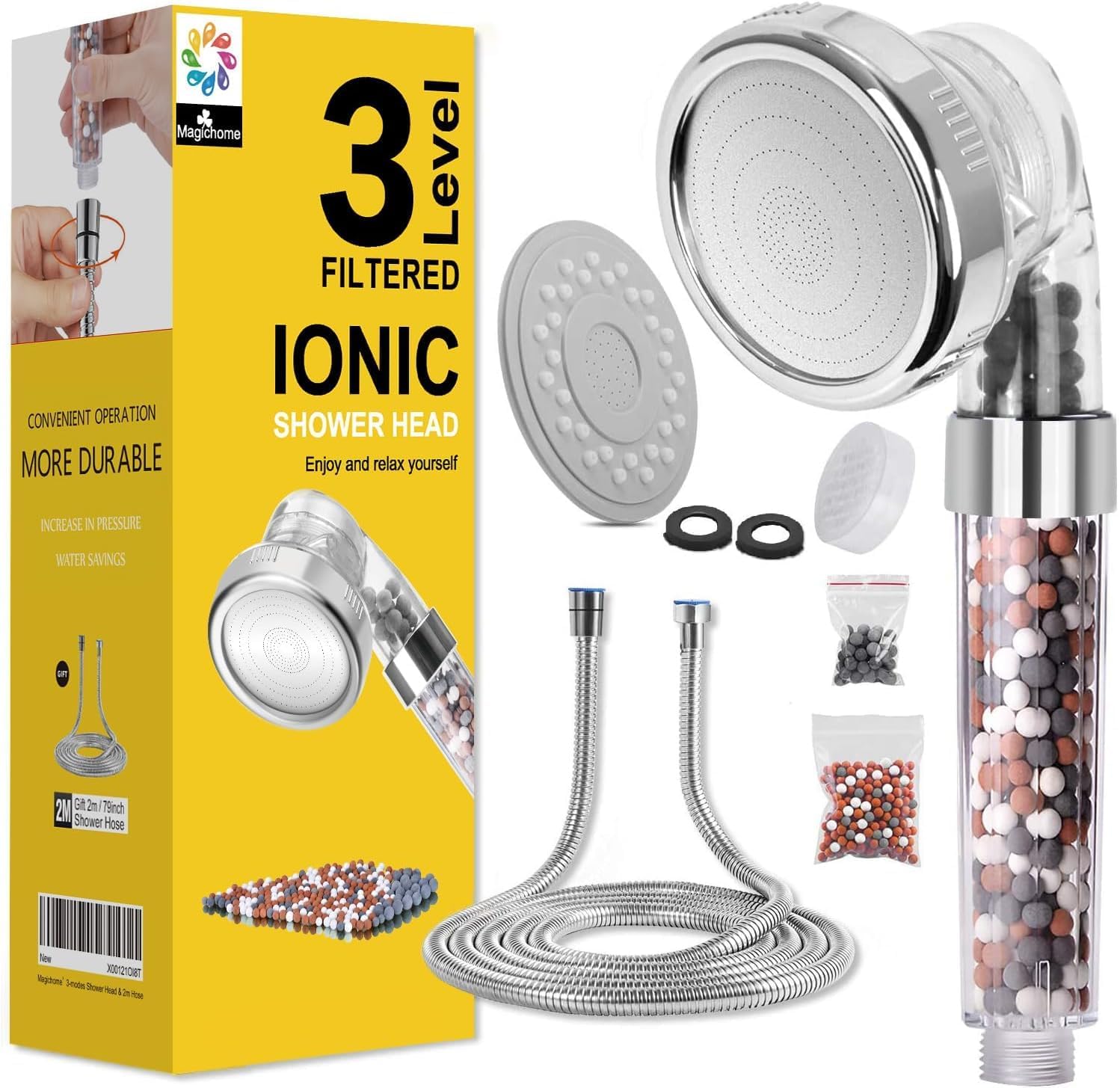 Shower Head and Hose 2m, 3-Layer Filtration Shower Head, Universal Filter Shower Heads for Hard Water Low Water Pressure with Extra Replaceable Accessories