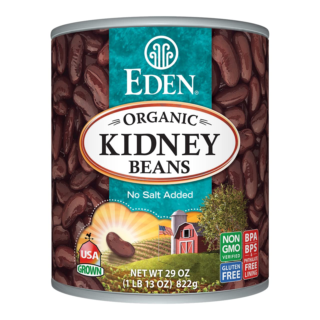 Eden Organic Kidney Beans, 29 oz Can, No Salt, Non-GMO, Gluten Free, Vegan, Kosher, U.S. Grown, Heat and Serve, Macrobiotic, Red Beans