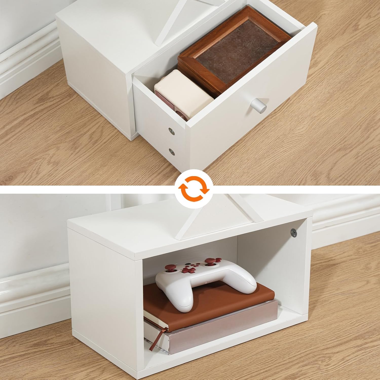 Image showing the drawer being pulled out and the option to remove it completely to reveal an open storage space.