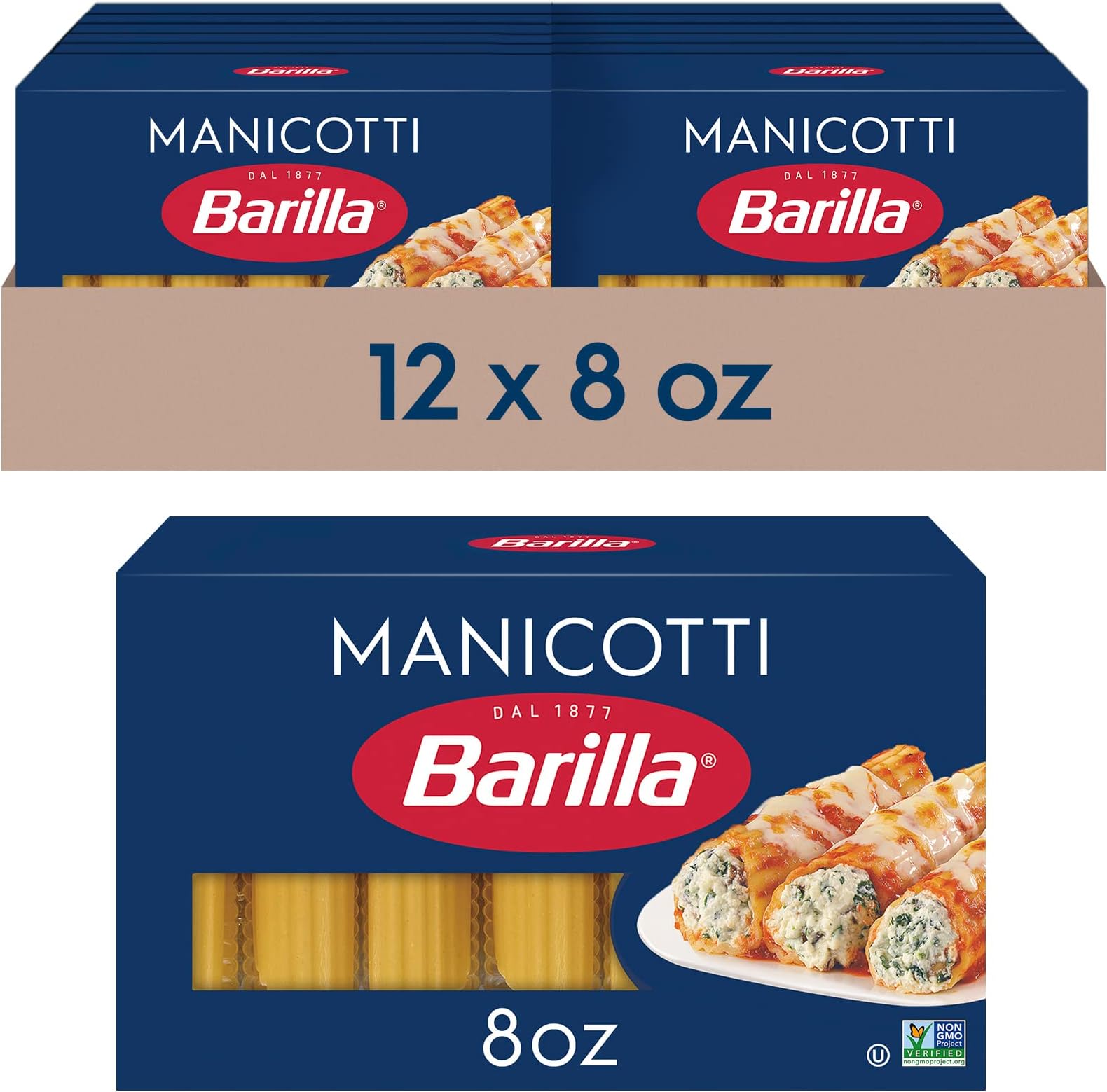 Manicotti Pasta, 8 oz. Box (Pack of 12) - Non-GMO, Made with Durum Wheat Semolina - Kosher Certified