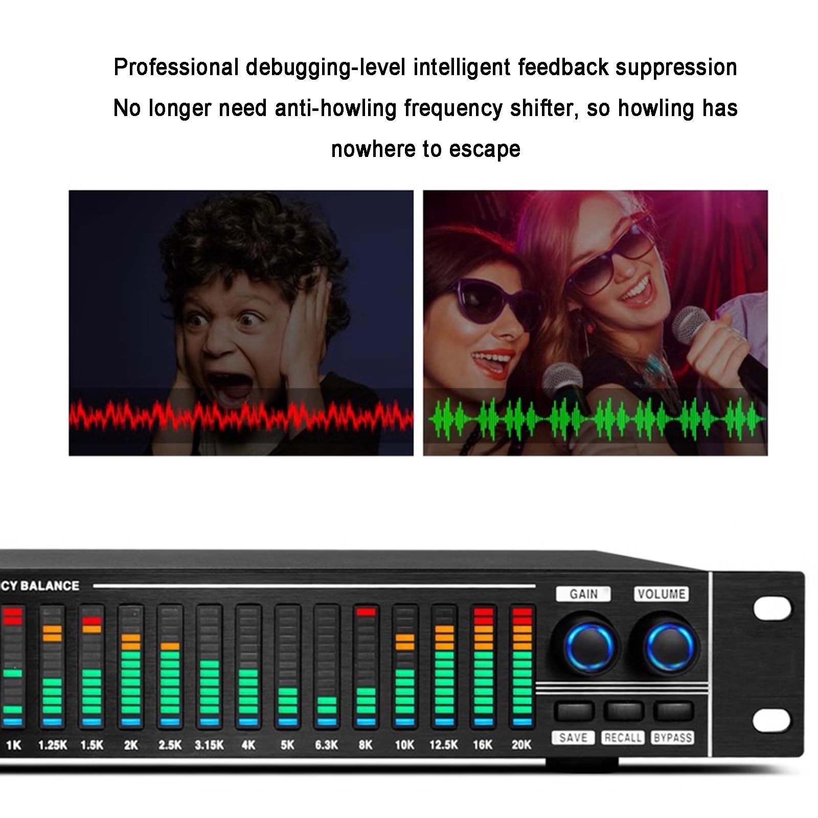 31-pasmowy cyfrowy korektor graficzny, domowy analizator widma audio, redukcja szumów, z wyświetlaczem LCD, 10 zaprogramowanych efektów, światło LED