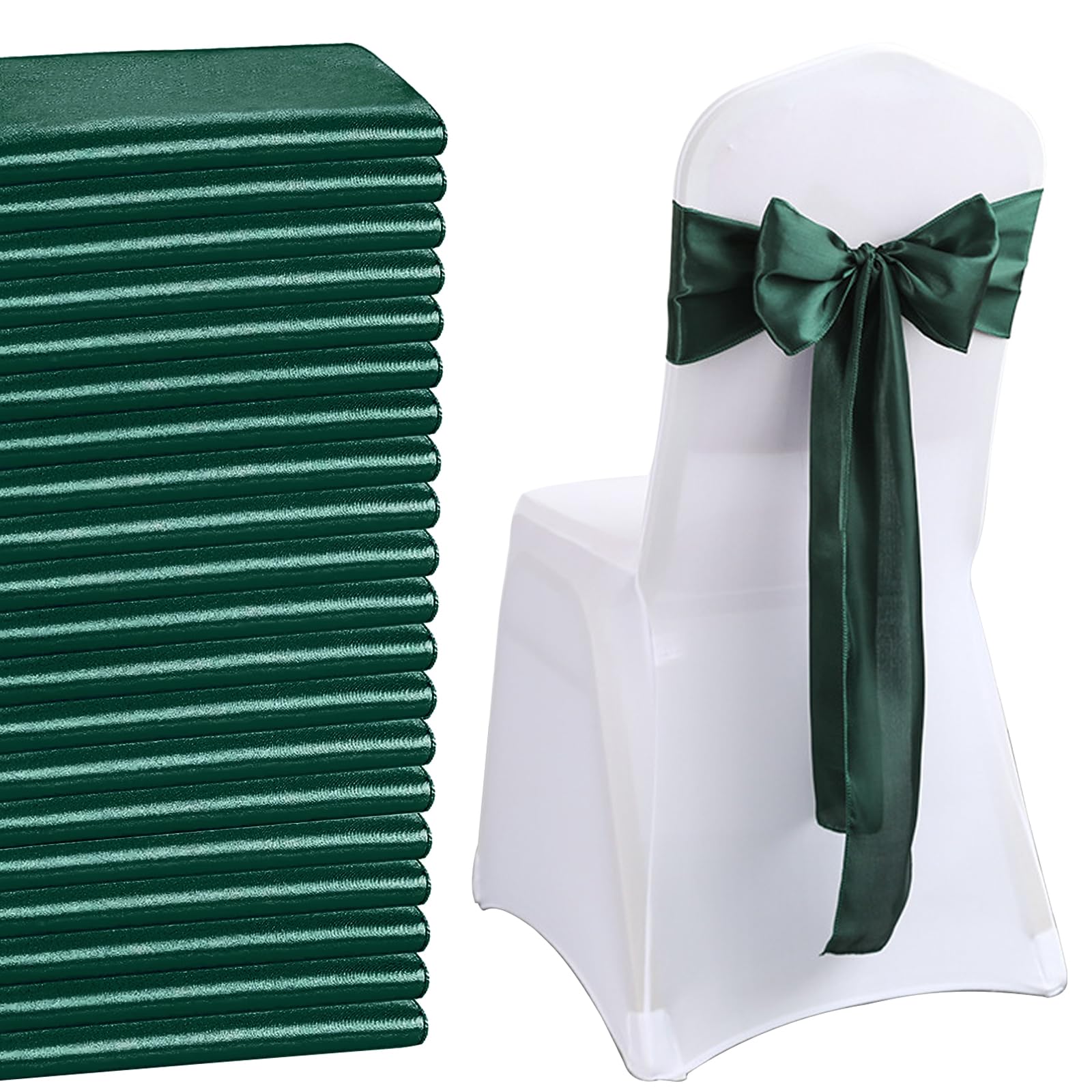 QeeFop Pack of 50 Dark Green Satin Sashes Wedding Chair Bow, Elastic Chair Sashes for Wedding, Birthday, Banquet, Party, Christmas Decoration (Dark Green)