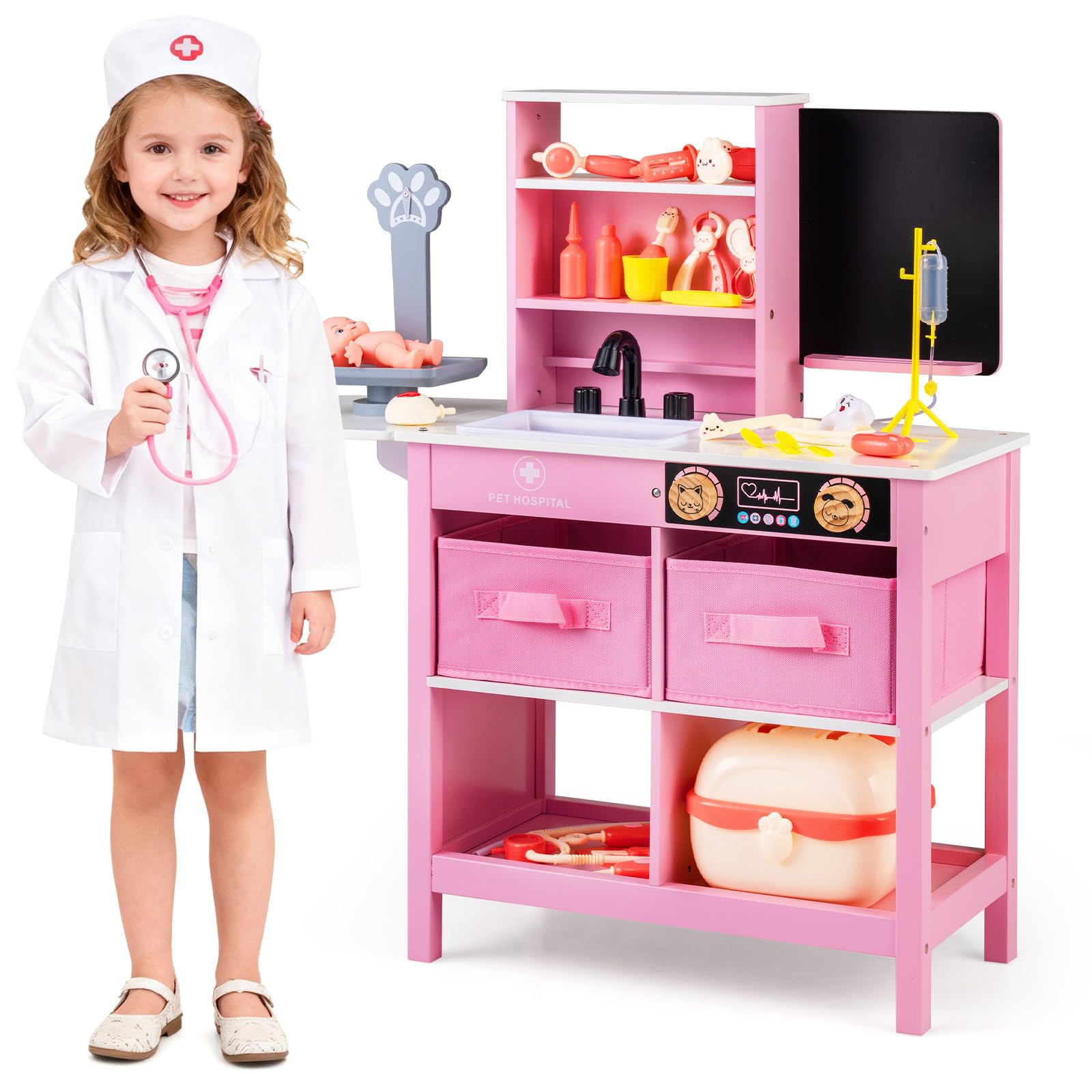 COSTWAY Krankenhaus Spielzeug Kinder, Arztkoffer mit Tafel & klappbarer Tischplatte, medizinisches Spielset inkl. Stethoskop, Tierwaage usw. , Tierarzt Doktor-Spiezeug für Kinder ab 3 Jahren (Rosa)
