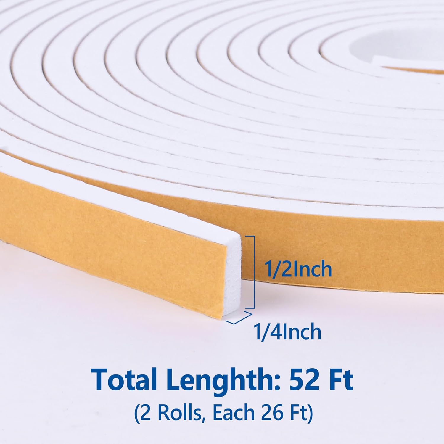 Self Adhesive Foam Tape Weatherstrip 1/2in x 1/4in x 52Ft High Density Foam Insulation Strips Foam Seal Weather Stripping with Strong Adhesive for Door and Window Sound Isolation Soundproofing