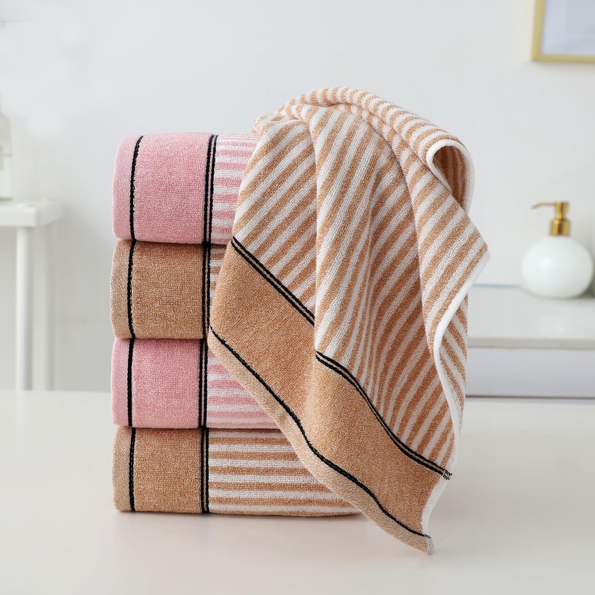 Pidada Hand Towels Set of 2 100% Cotton Striped Pattern Absorbent Soft Decorative Towel for Bathroom (Pink)