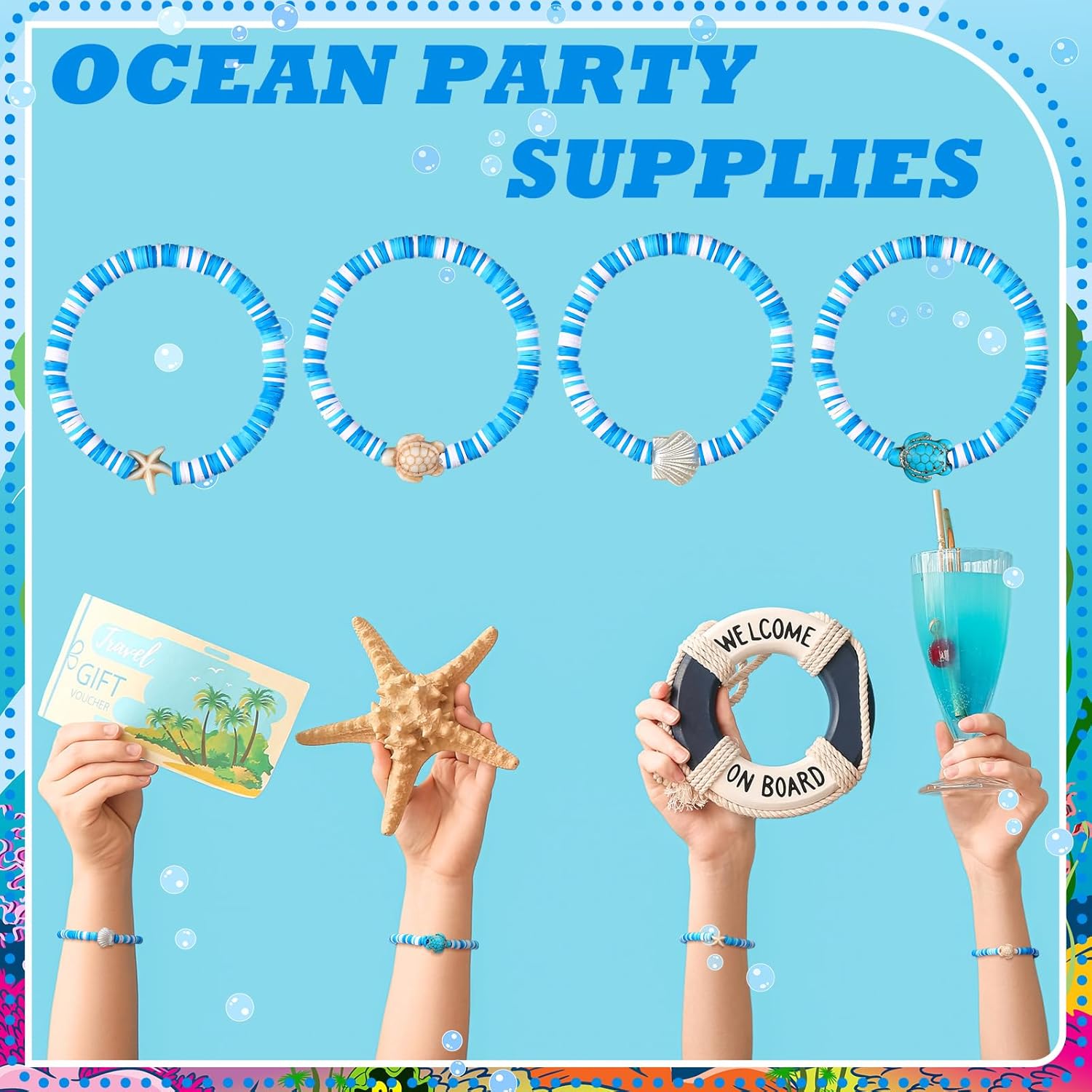 24 Pcs Under the Sea Party Favors Ocean Polymer Clay Beaded Bracelets Bulk Shell Turtle Starfish Ankle Bracelets for Under the Sea Themed Birthday Summer Beach Party Supplies - Image 7