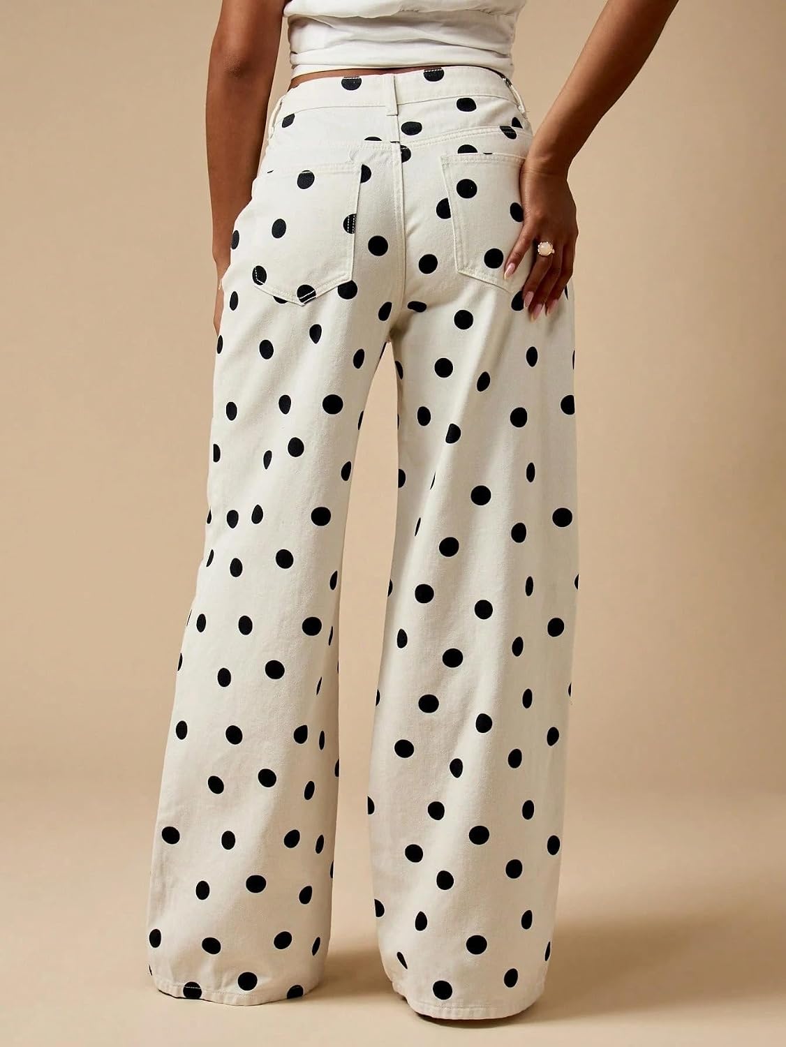 Yoawdats Women's Polka Dot Pattern Barrel Jeans Casual Wide Leg Mid Rise Denim Pants Y2K Boyfriend Cute Jeans