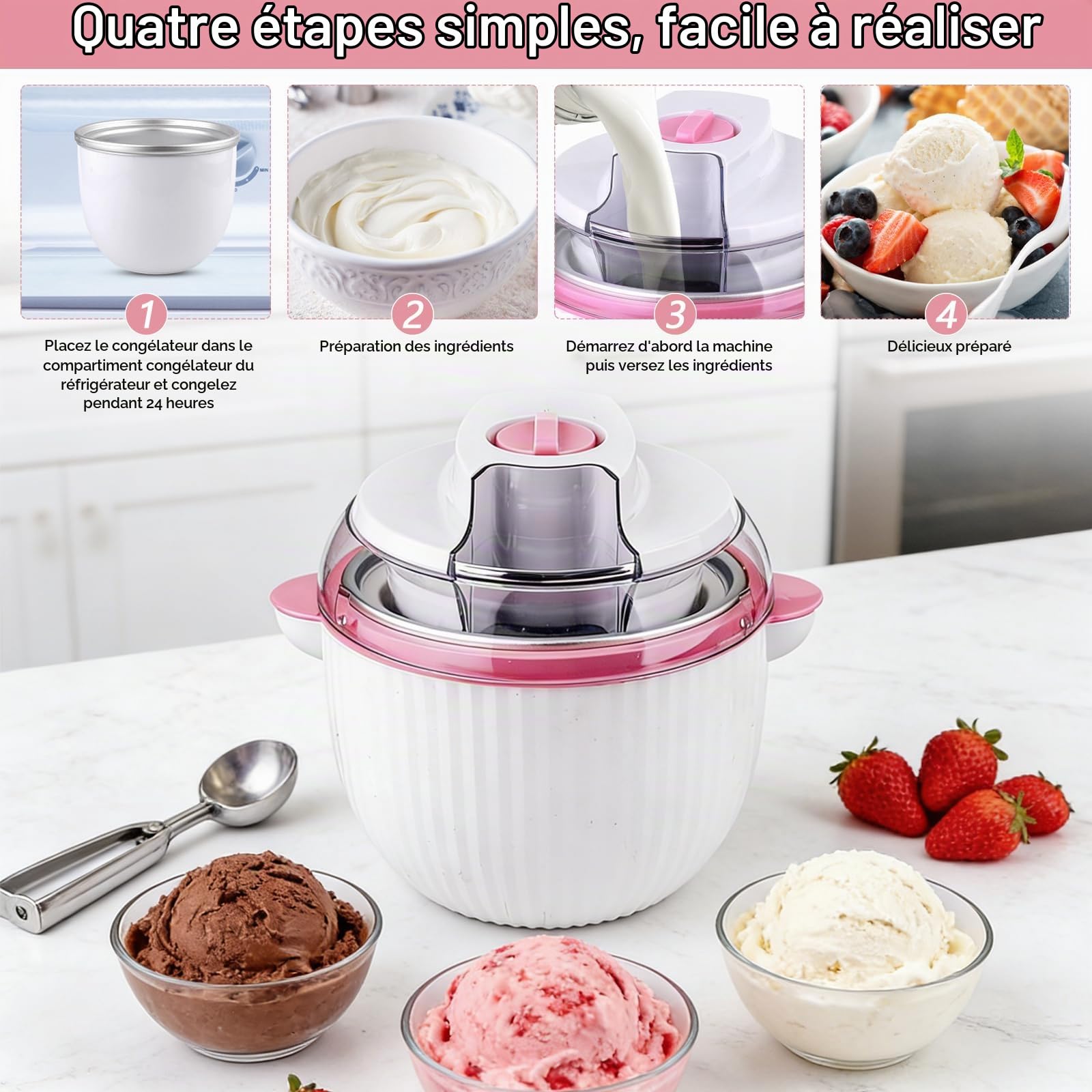 Sorbetiere, Sorbetière 1,65 L à Deux Vitesses Réglables pour la Préparation de Glaces Sorbets et Yaourts Glacés Machine à Glace 2 en 1 à Double Isolation pour la Préparation de Boissons Fraîches