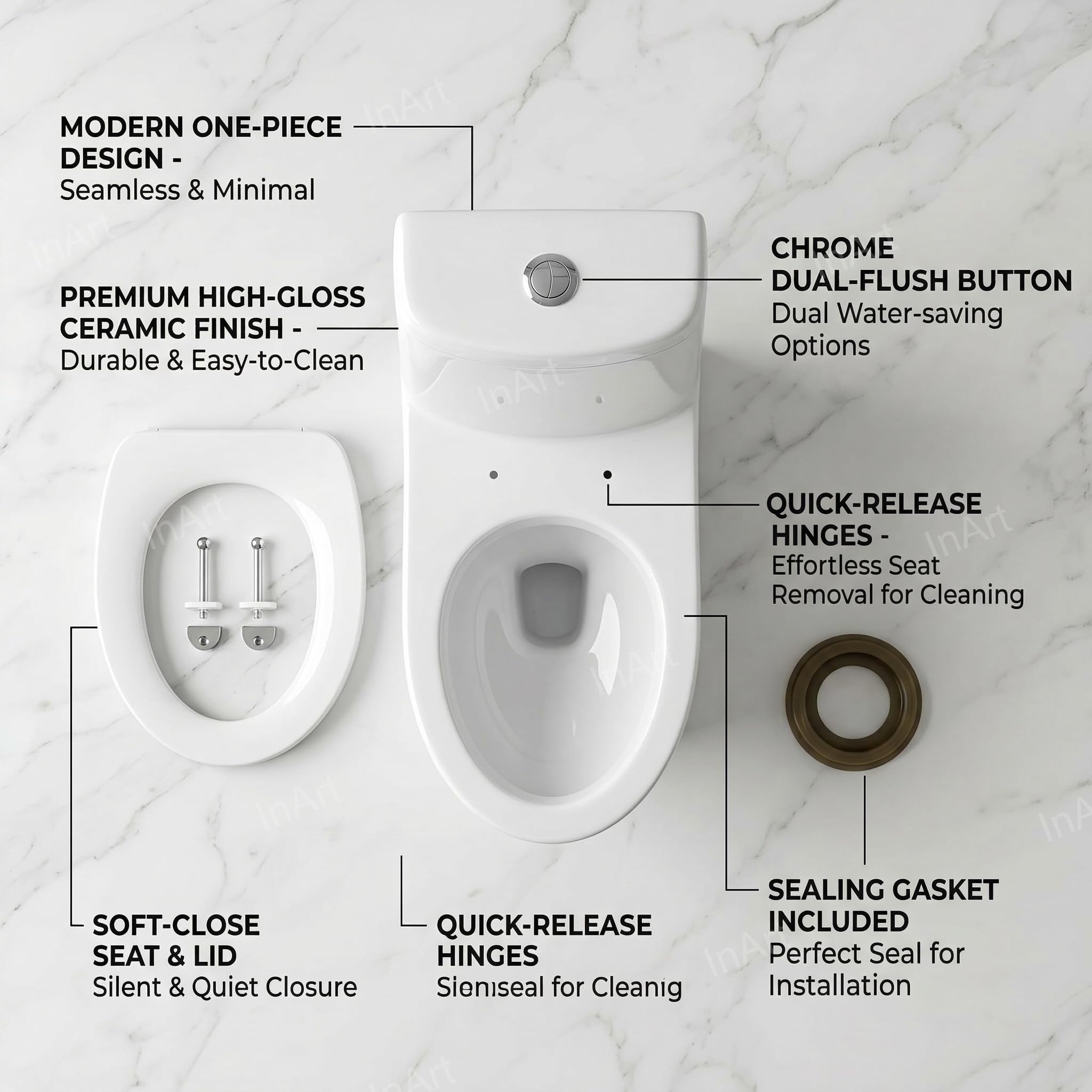 InArt Western Floor Mounted Ceramic One Piece Water Closet P Trap with Soft Close Seat Cover in White Color for Lavatory, Bathrooms,Toilets Oval Shape
