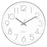 Foxtop 12' Modern Wall Clock Silent Battery Operated Analog Clock, Silver | Non Ticking, Quartz, Round, Easy to Read, Bedroom, Kitchen, Living Room, Office Silver 12 Inch Quartz