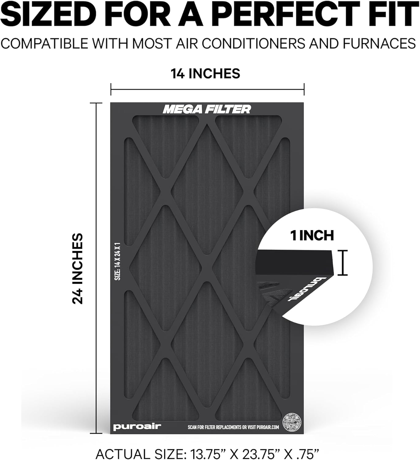 PuroAir MegaFilter - 14x24x1 Air Filter MERV 13 Activated CarbonTech Defense - Heavy Duty 3 Layer Furnace Filters Allergens, Pollen, Dust, Pet Dander, Smoke, Odors - HVAC Air Filter 14x24x1 (2-Pack)