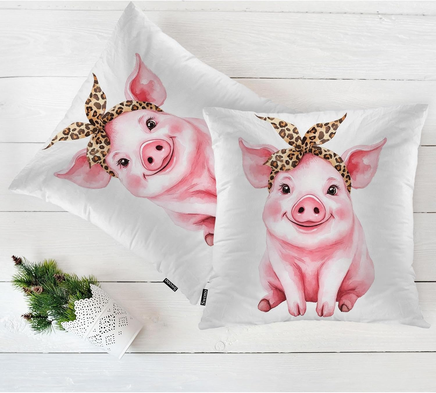 Swono Couch Pillow Cover Set of 2 Pig, Funny Pig with Leopard Bow Decorative Throw Pillowcase Cushion Cover 18 X 18 Inch Pink Piggy Throw Pillows Covers for Sofa Bedroom Car Living Room image 5