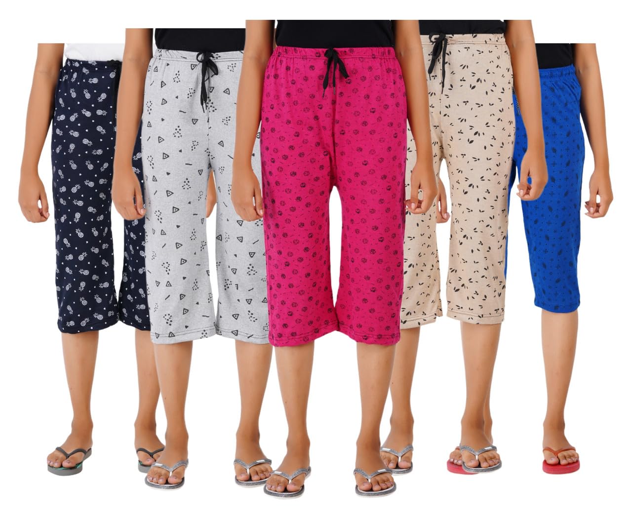 suman tex Women’s Cotton Printed Capri with Nada | Ultra-Soft Breathable Fabric | Pack of 5 Multicolour Comfort-Fit Midrise Capris for Lounge & Sleepwear-picture-45