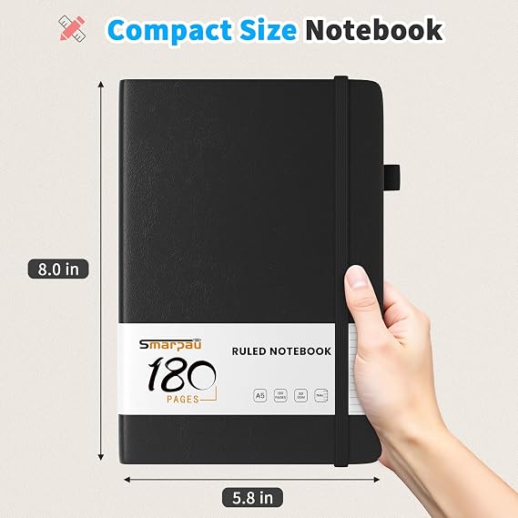 Smarpau A5 Dotted Journal Notebook, 180 Pages Hardback Dot Grid Notebook | Thick Paper for Writing, Leather Notepad for Office School Travel, Black