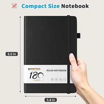 Smarpau A5 Dotted Journal Notebook, 180 Pages Hardback Dot Grid Notebook | Thick Paper for Writing, Leather Notepad for Office School Travel, Black
