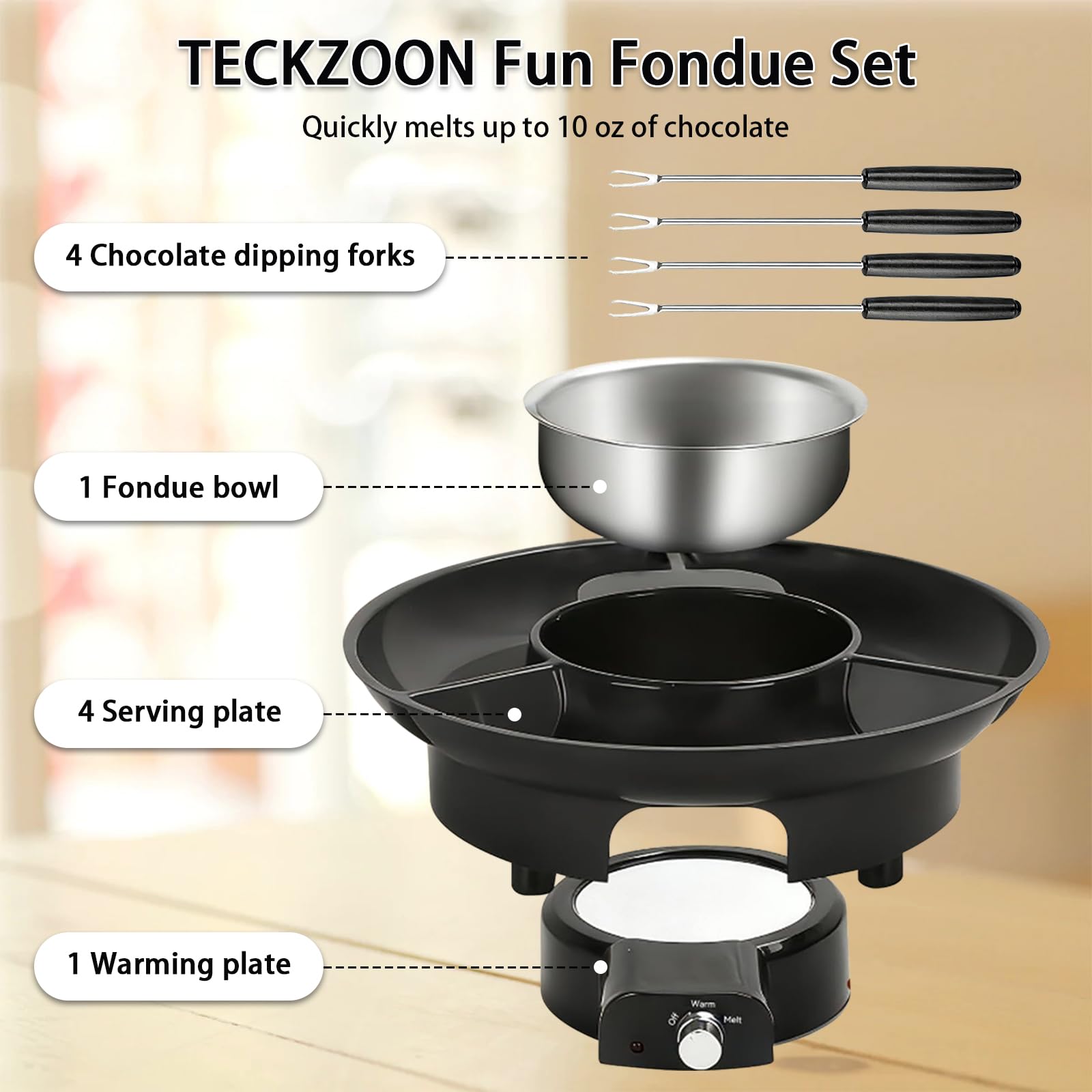 Elektrisches Schokoladen Fondue Set, 280ml Schokoladen Pot mit 2 Temperaturstufen, abnehmbarem Aluminiumtopf, Servierschale & 4 Gabeln, Perfekt für romantische Abende