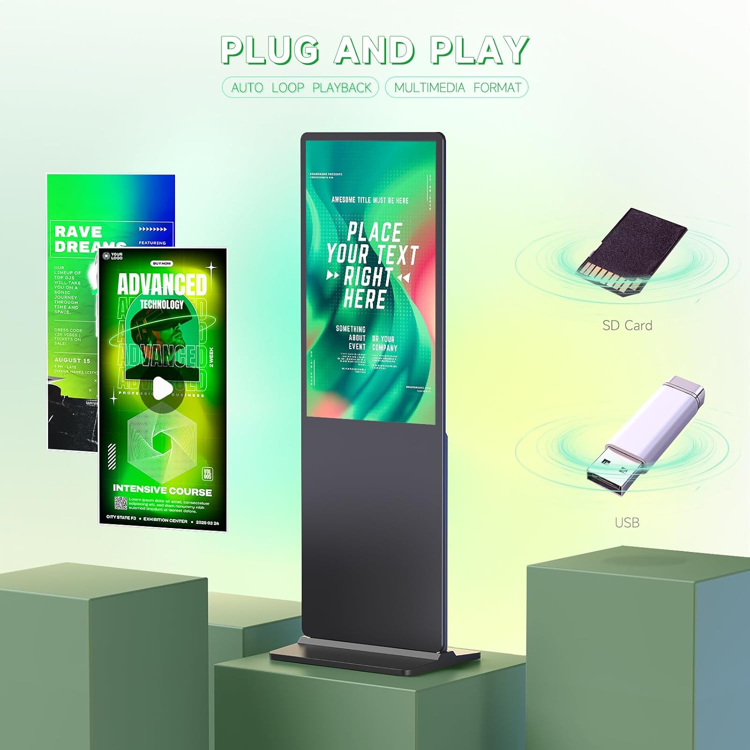 Image showing a digital signage display with USB and SD card inputs for plug and play media playback.