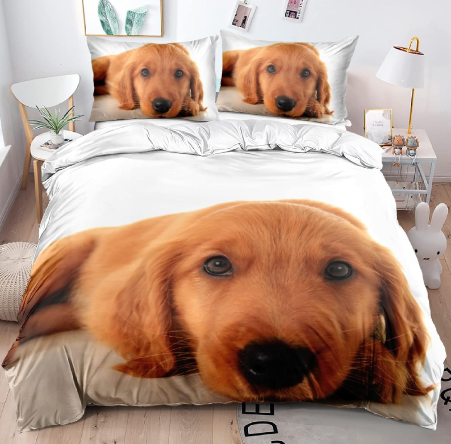 Housse de Couette 220x240 Golden Retriever avec 2 Taies d'Oreiller Lit 2 Personnes
