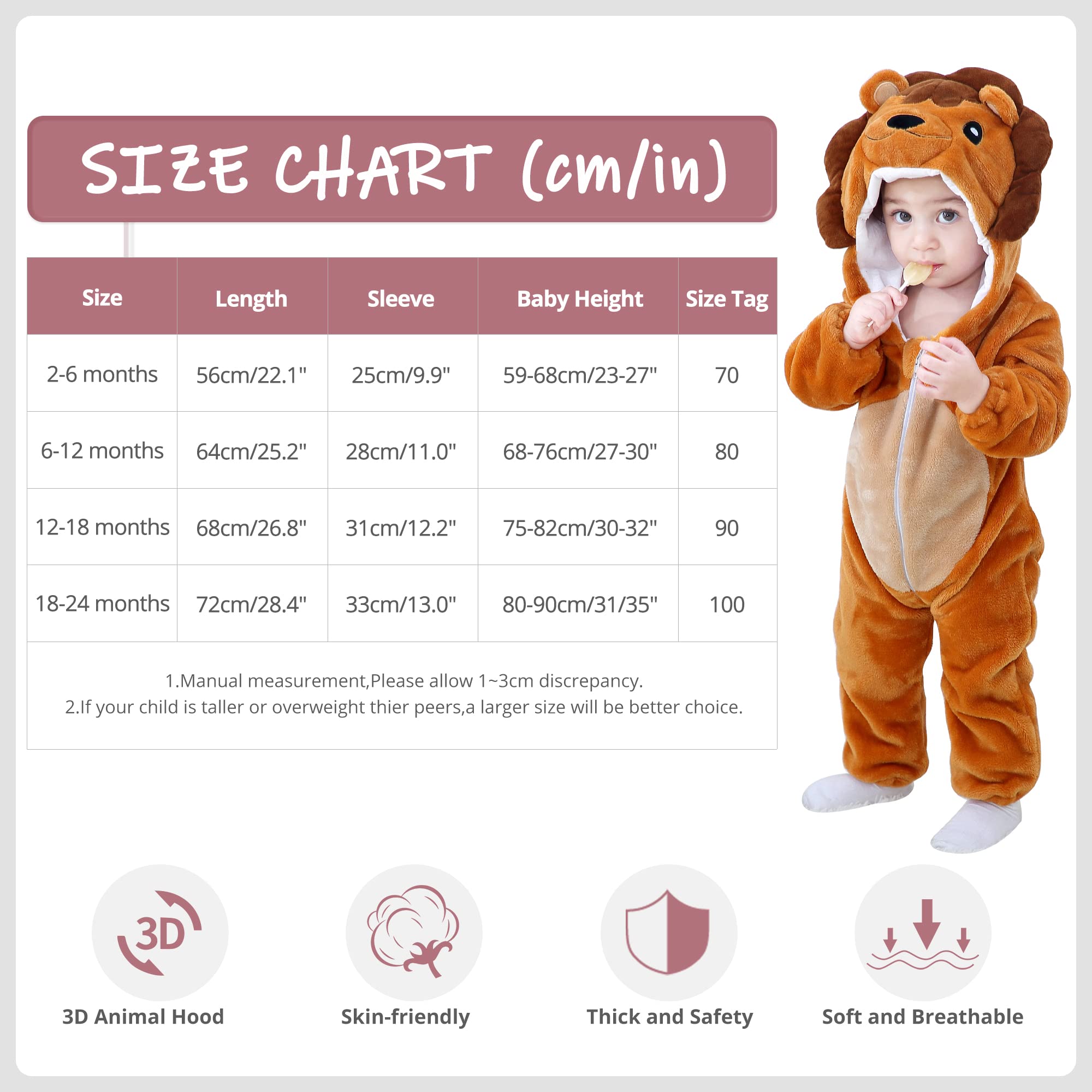 l'hiver Unisexe Bébé Grenouillère à Capuchon Animal 0-36 Mois | Tout-Petit Halloween Flanelle Cosplay Combinaison,Garçons Filles Dessin Animé Déguisement,Mignonne Barboteuse